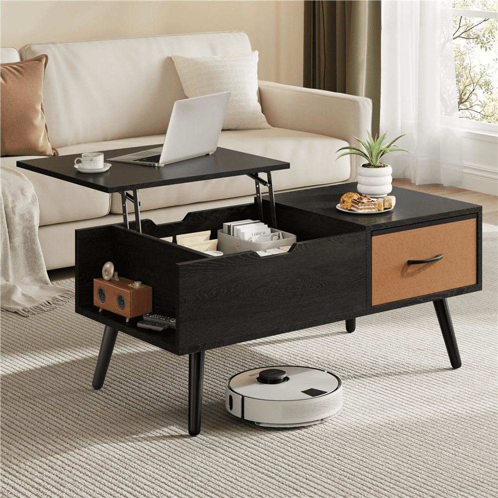 Alden Design Lift Top Coffee Table with Hidden Compartment & 2 Open Storage, Black