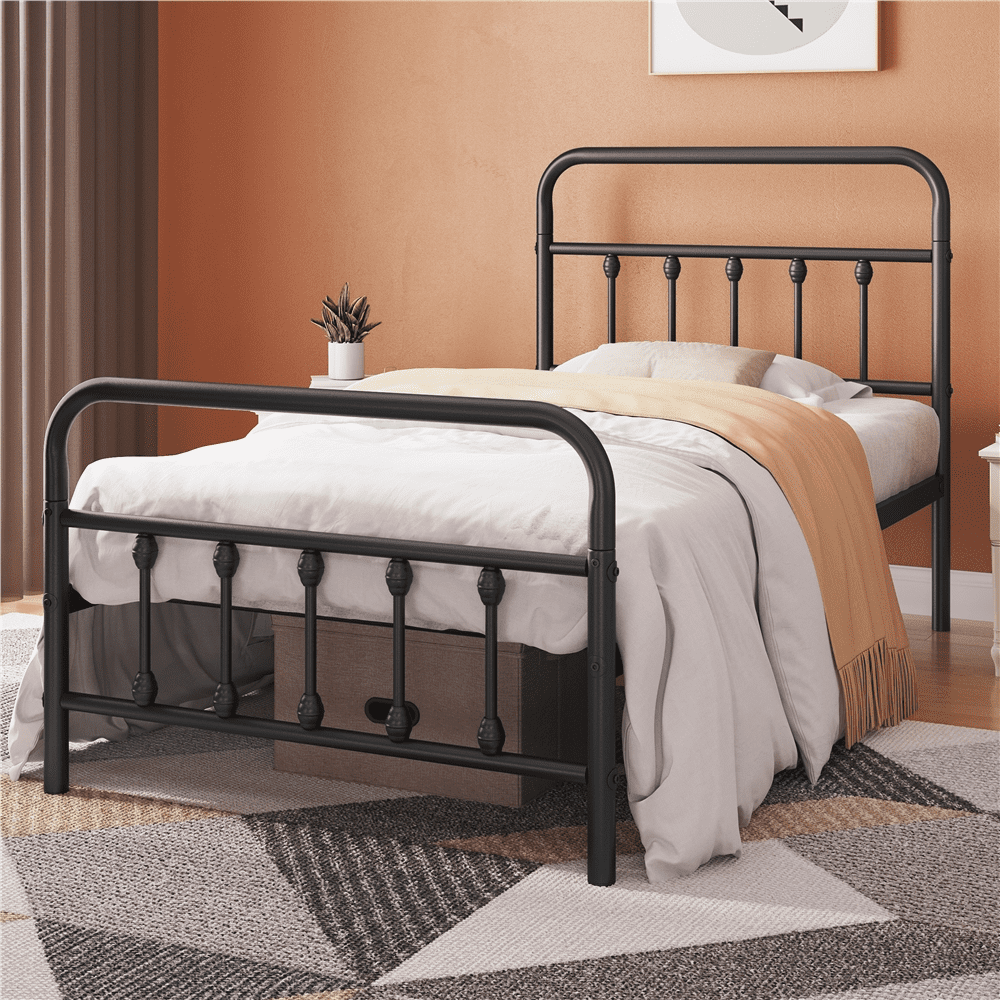 Alden Design Twin Size Metal Platform Bed Frame with High Headboard and Footboard, All Ages, Black