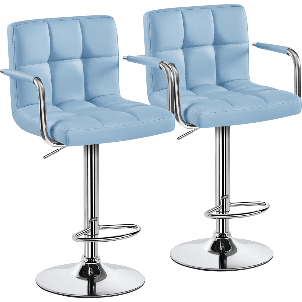 Alden Design PU Leather Bar Stools with Large Steel Pedestal Base, Set of 2, Blue