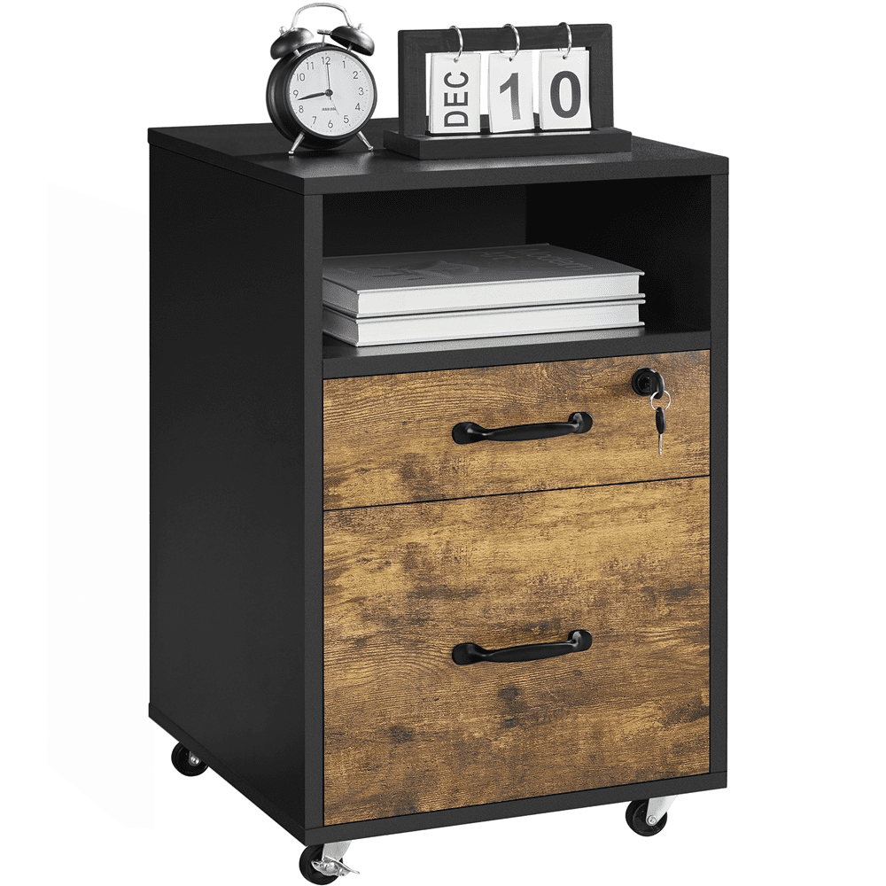Alden Design Rolling Wooden File Cabinet with 2 Drawers and Shelf, Black/Rustic Brown