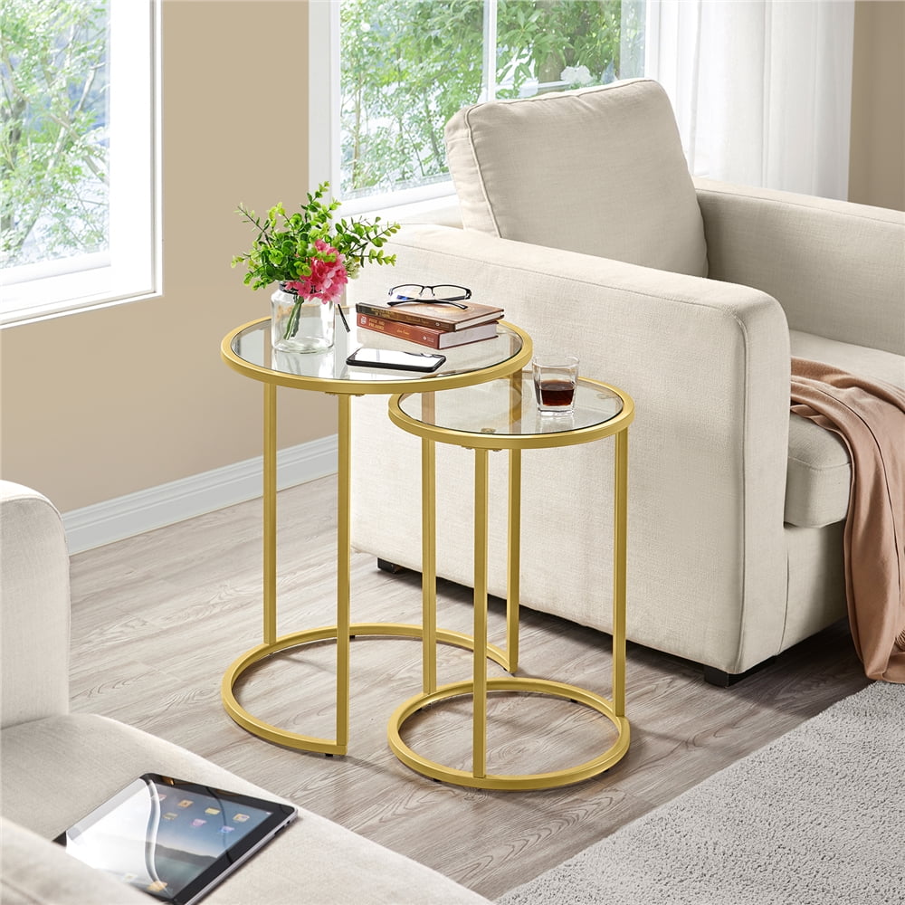 Alden Design Round Iron Nesting Tables for Living Room, Gold/Clear, Set of 2