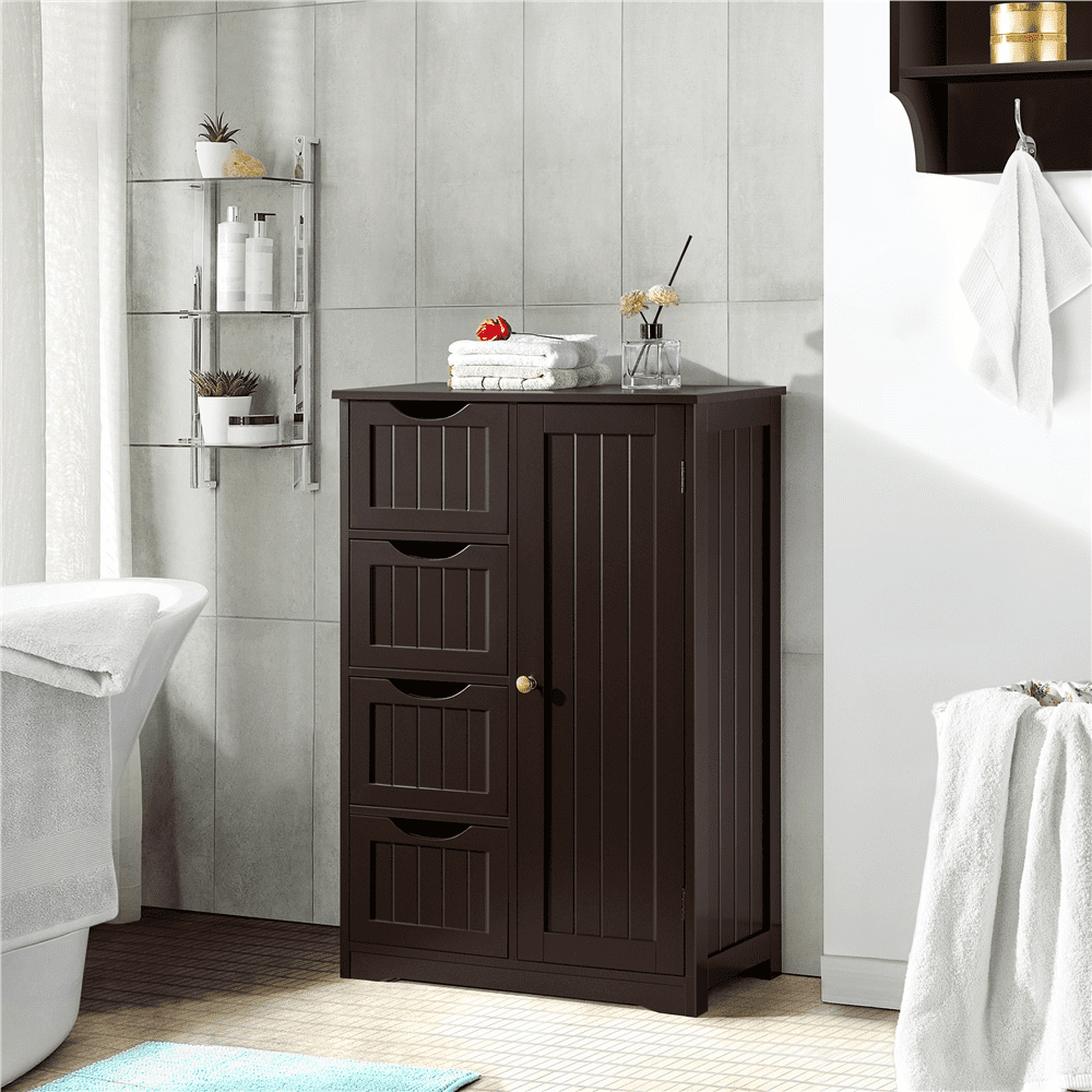 Alden Design Wooden Bathroom Storage Cabinet with 4 Drawers & Cupboard, Espresso