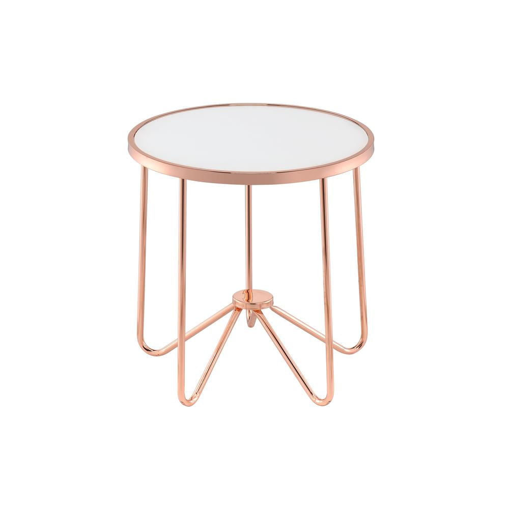 ACME Alivia Round Glass Top End Table in Frosted Glass and Rose Gold