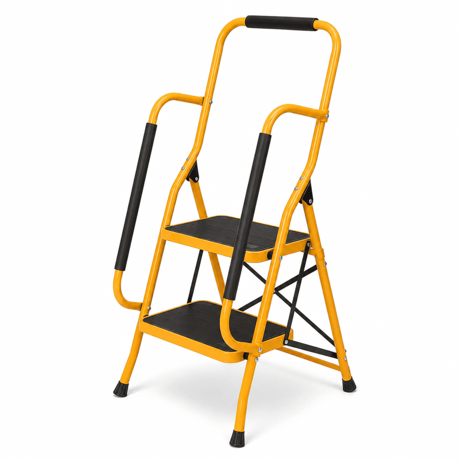 Alvantor 2 Step Folding Ladder with Handrails, 330 lb Iron Step Stool with Wide Anti-Slip Pedals, Ginger Yellow