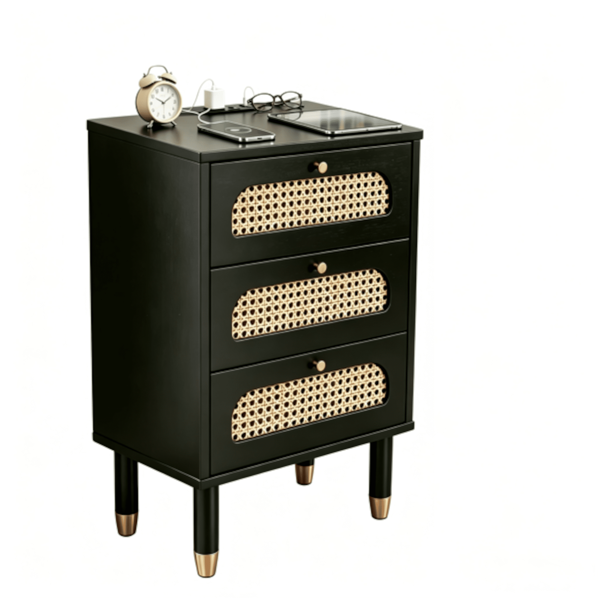 Alvantor 3-Drawer Nightstand with Built-in Charging Station, Black Rattan Accent Fronts, USB Ports and Power Outlet