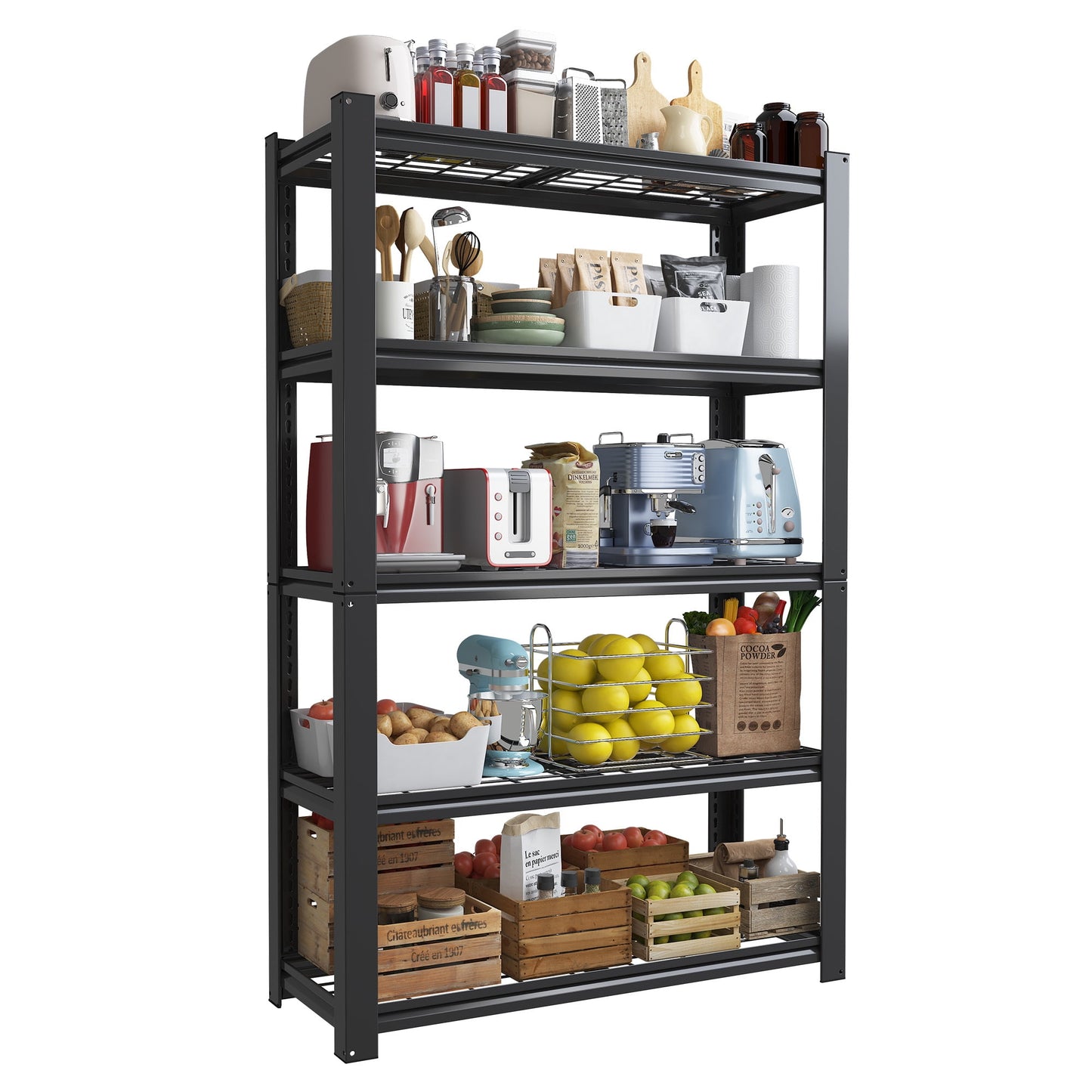 Alvantor 5-Tier Adjustable Metal Mesh Storage Rack 2000 Lbs Shelving Organizer for Pantry, Garage 35.5"W x 16"D x 72"H Black