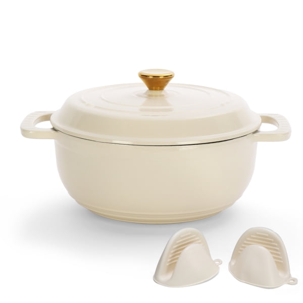 Alvantor 5QT Enameled Cast Iron Dutch Oven with Lid, Round Braising Pot, Oven Safe 500Â°F, Induction Compatible, Ceramic White