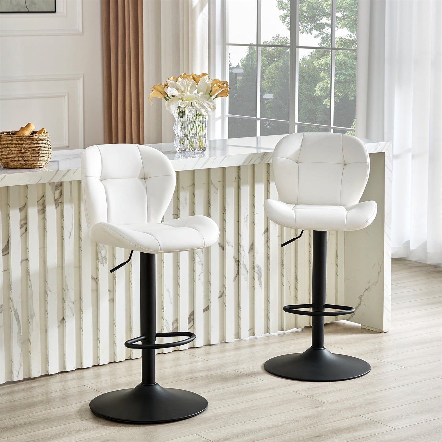 Alvantor Adjustable Bar Stools Set of 2 Modern Leather Swivel Bar Stools Counter Height Bar Chairs for Kitchen Island White