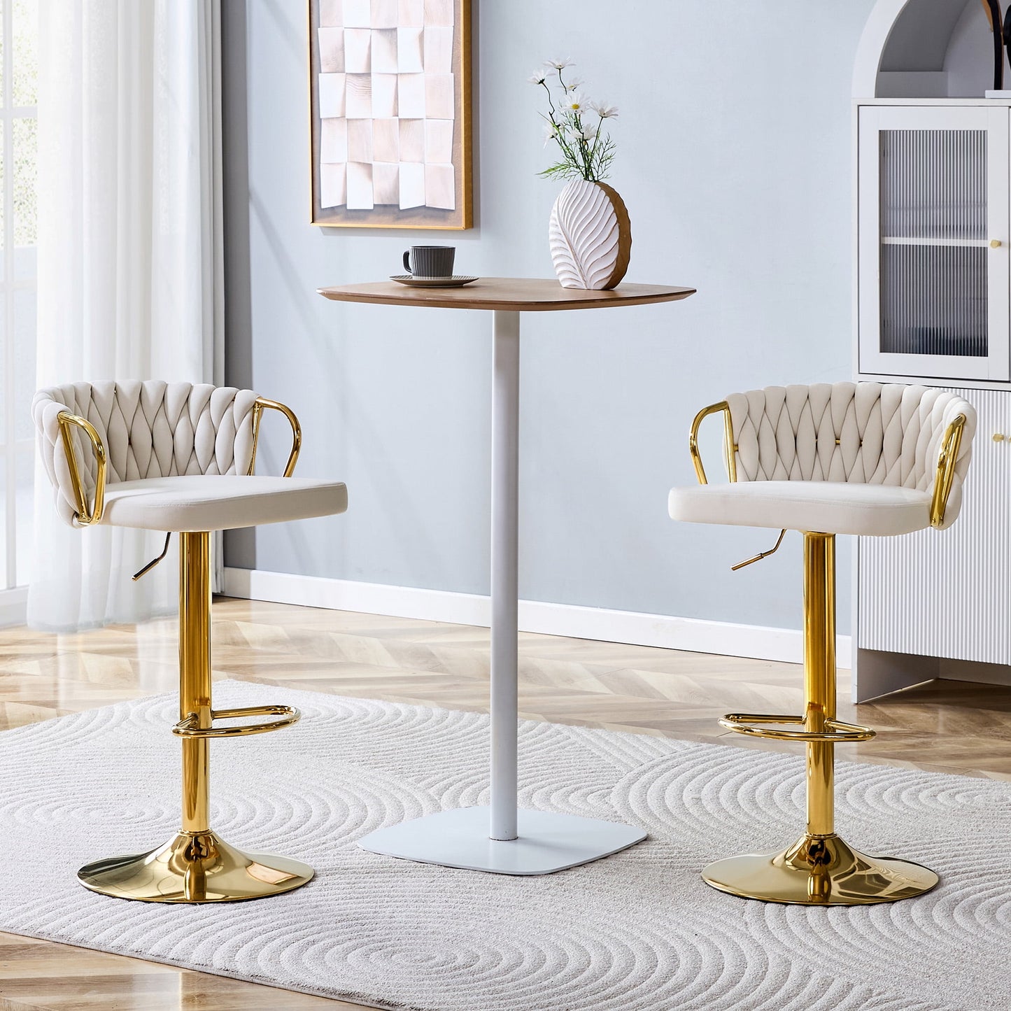 Alvantor Adjustable Bar Stools Set of 2 Modern Velvet Braided Swivel Bar Stools Counter Height Bar Chairs for Kitchen Island Beige