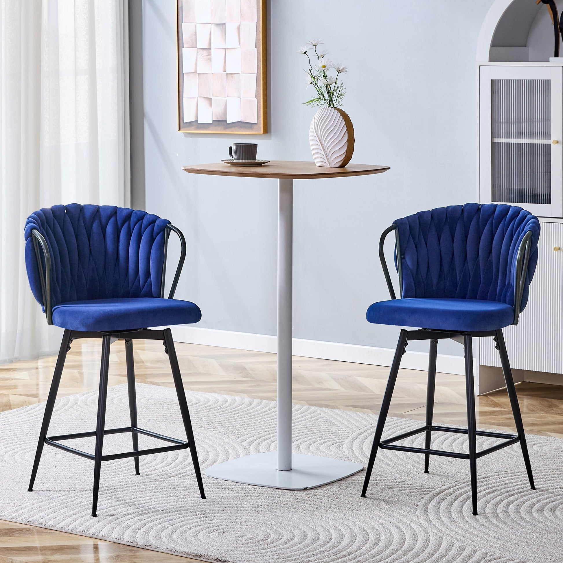 Alvantor Bar Stools Set of 2 Modern Velvet Braided Bar Stools Counter Stool Chairs for Kitchen Island Blue