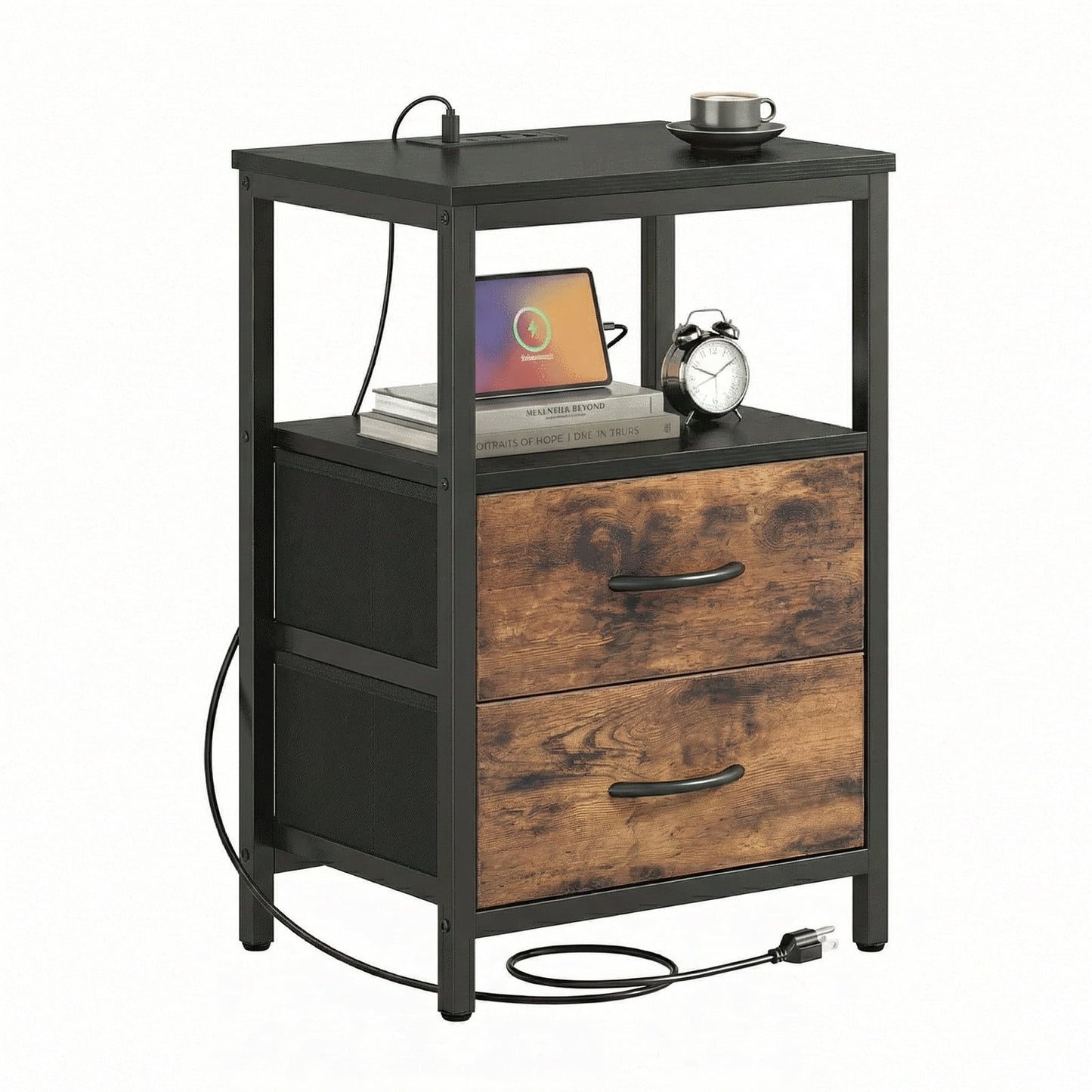 Alvantor Bedside Table Charging Station Nightstand with Fabric Drawers, End Side Table for Bedroom Living Room