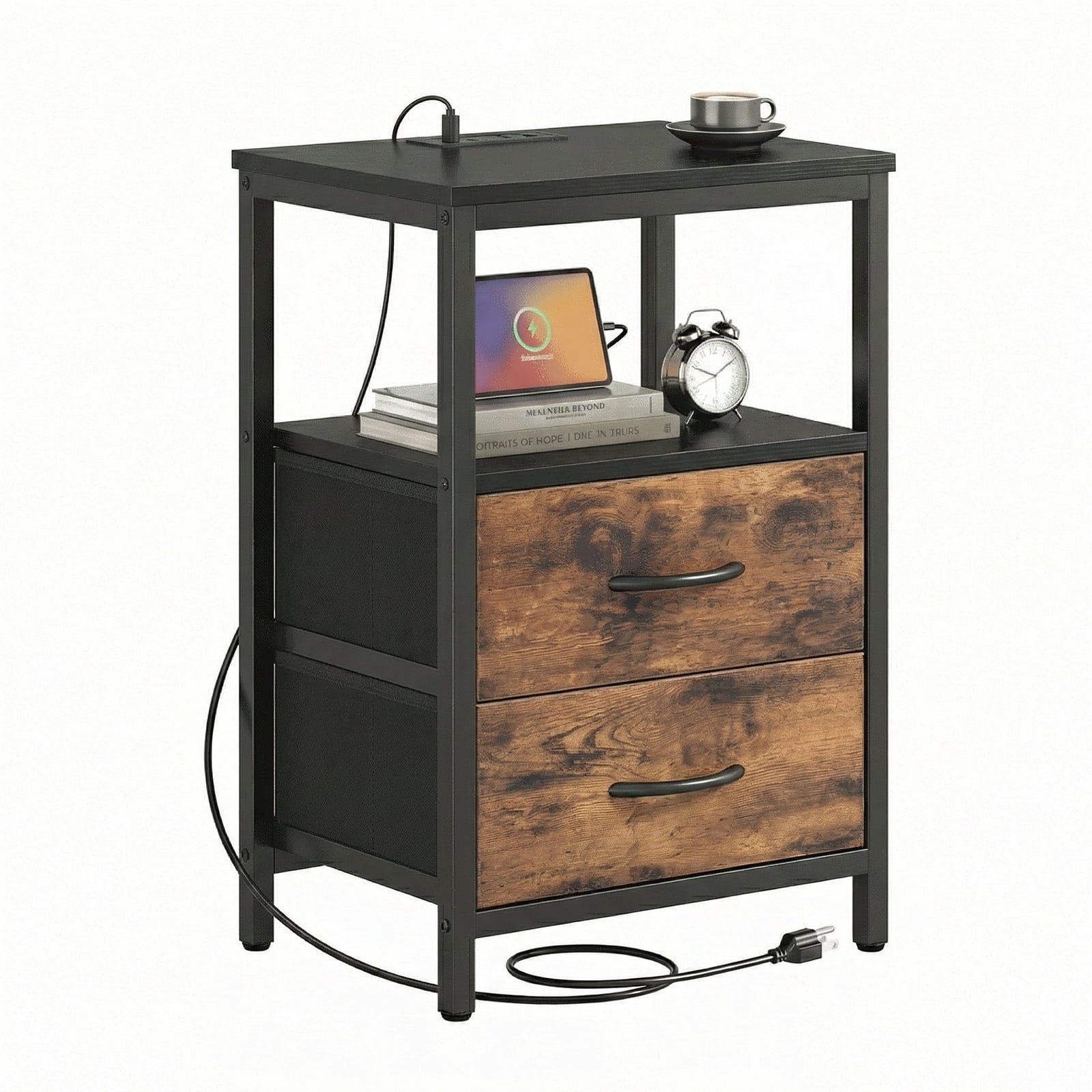 Alvantor Bedside Table Charging Station Nightstand with Fabric Drawers, End Side Table for Bedroom Living Room