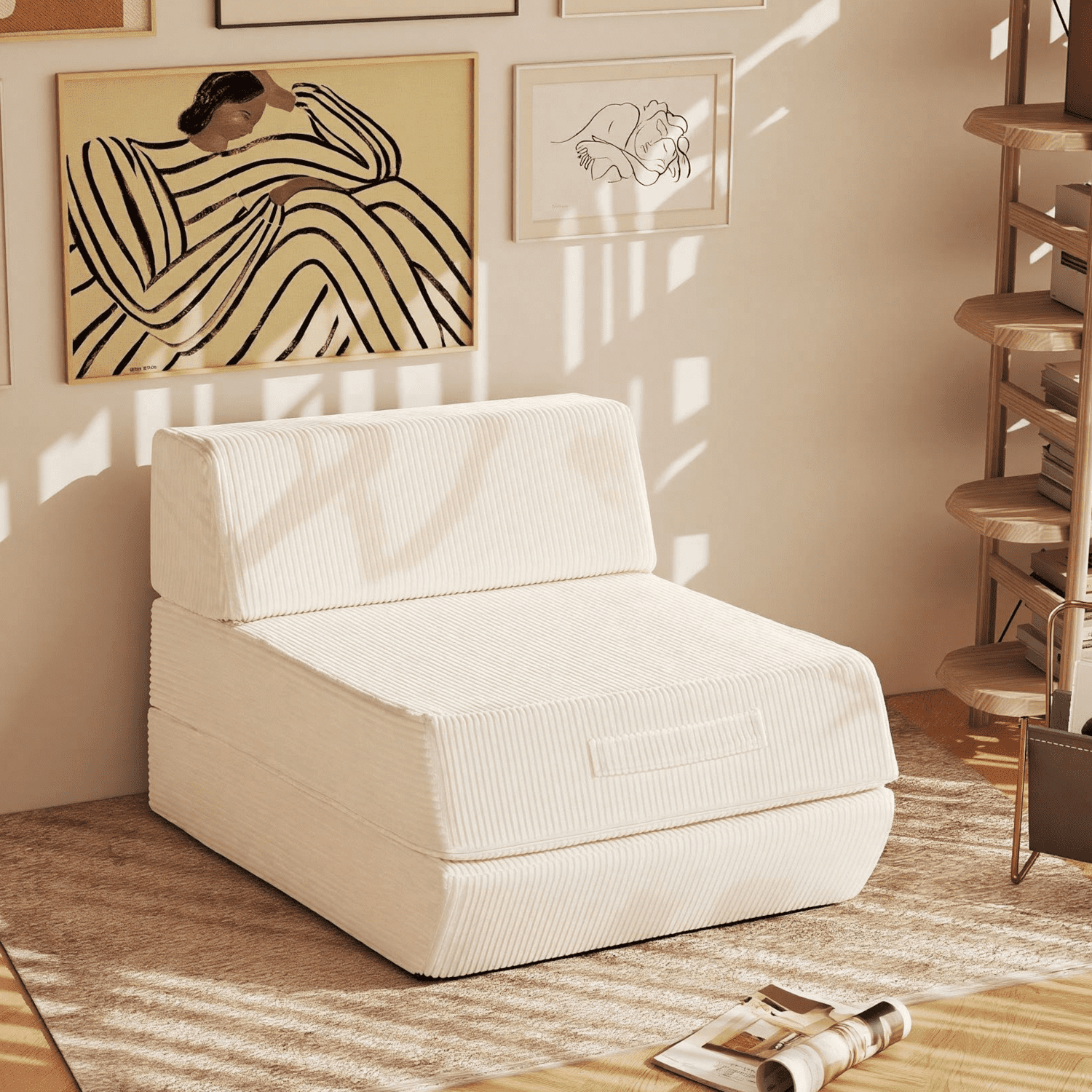 Alvantor Folding Sofa Bed, Convertible Sleeper Chair with Removable Back Pillow and Carry Handles, Portable Fold Out Floor Sofa for Living Room, Bedroom, Dorm, Single, Beige