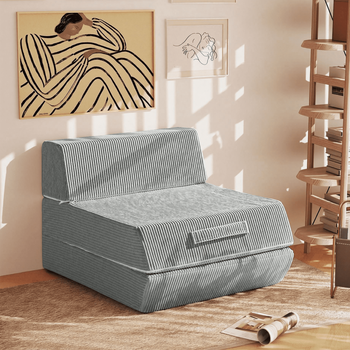Alvantor Folding Sofa Bed, Convertible Sleeper Chair with Removable Back Pillow and Carry Handles, Portable Fold Out Floor Sofa for Living Room, Bedroom, Dorm, Single, Light Gray