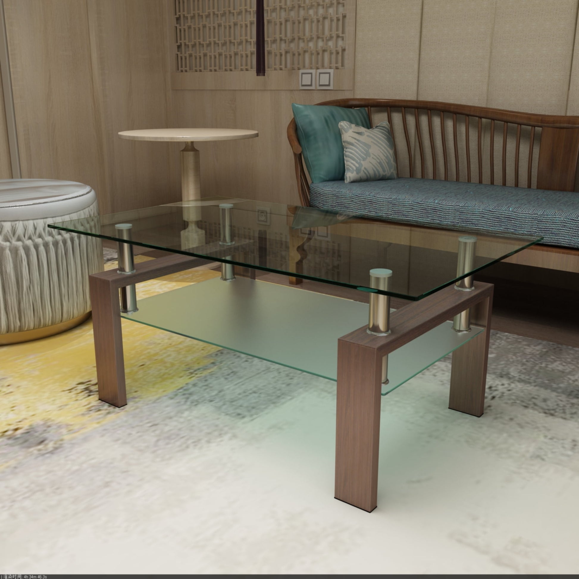 Alvantor Glass Coffee Table, 38.6" Modern Rectangle Side Center Tables with Clear Tempered Glass Top for Living Room Walnut