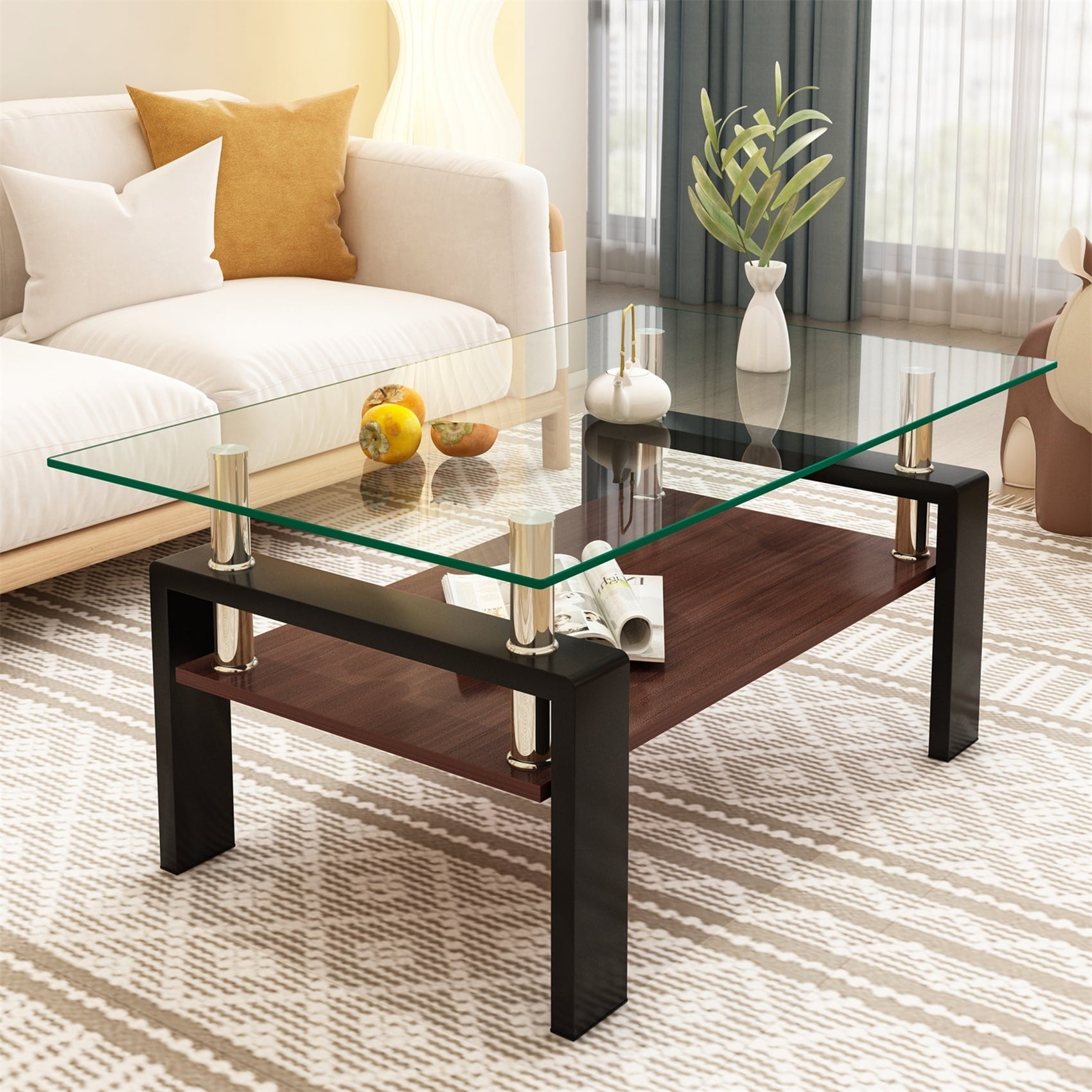 Alvantor Glass Coffee Table, 38.6" Modern Rectangle Tables with MDF Layer for Living Room Brown