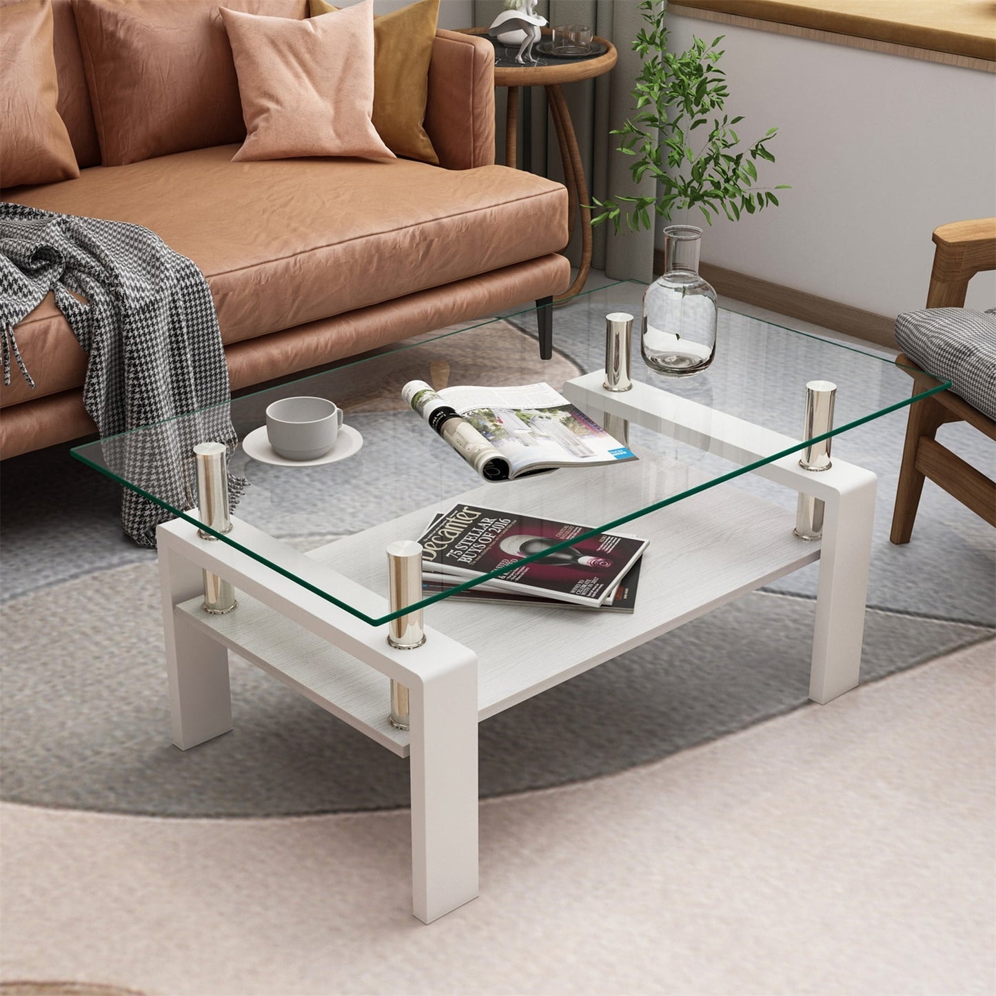 Alvantor Glass Coffee Table, 38.6" Modern Rectangle Tables with Clear Tempered Glass Top and MDF Layer for Living Room White