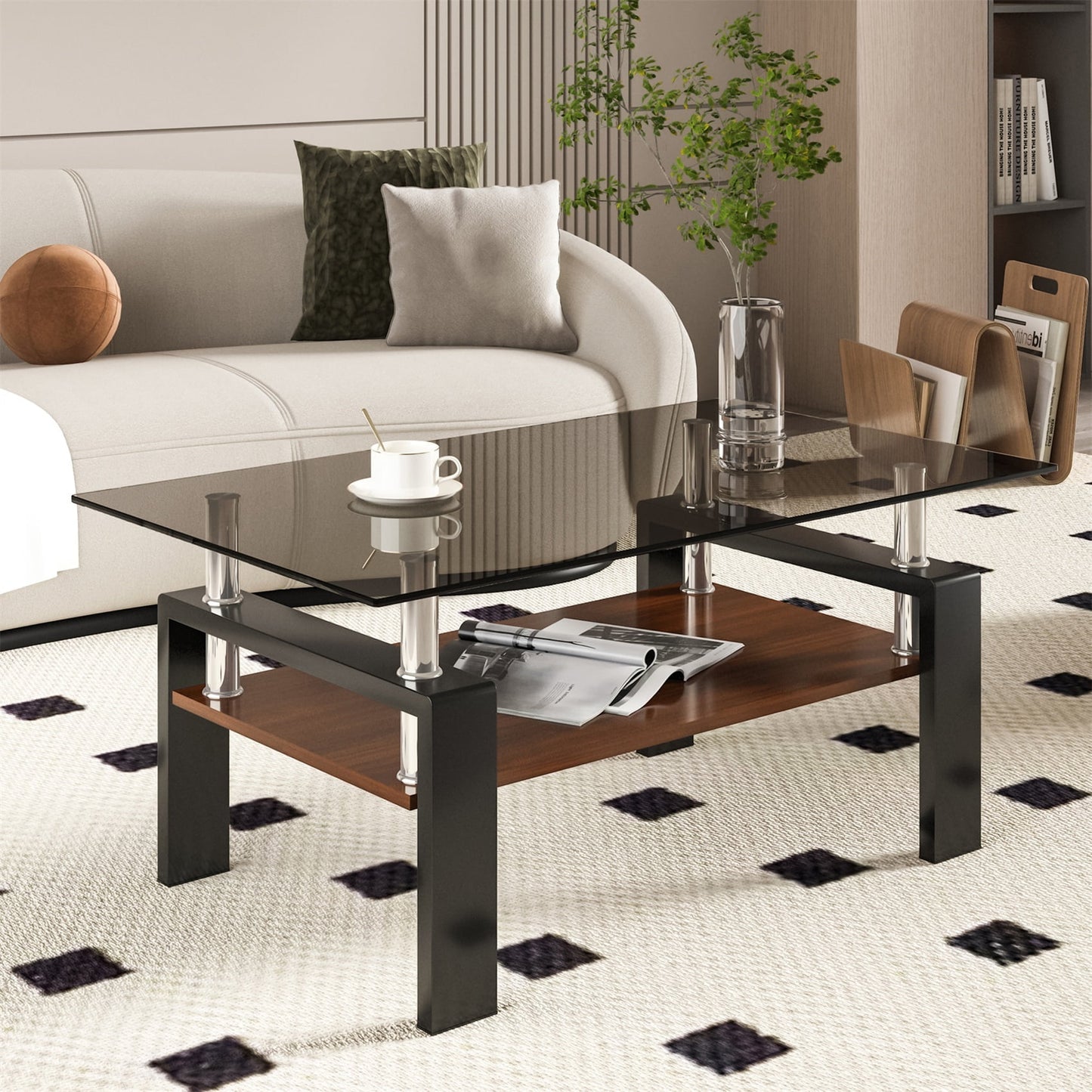 Alvantor Modern Glass Coffee Table with MDF Layer, 38.6" Brown