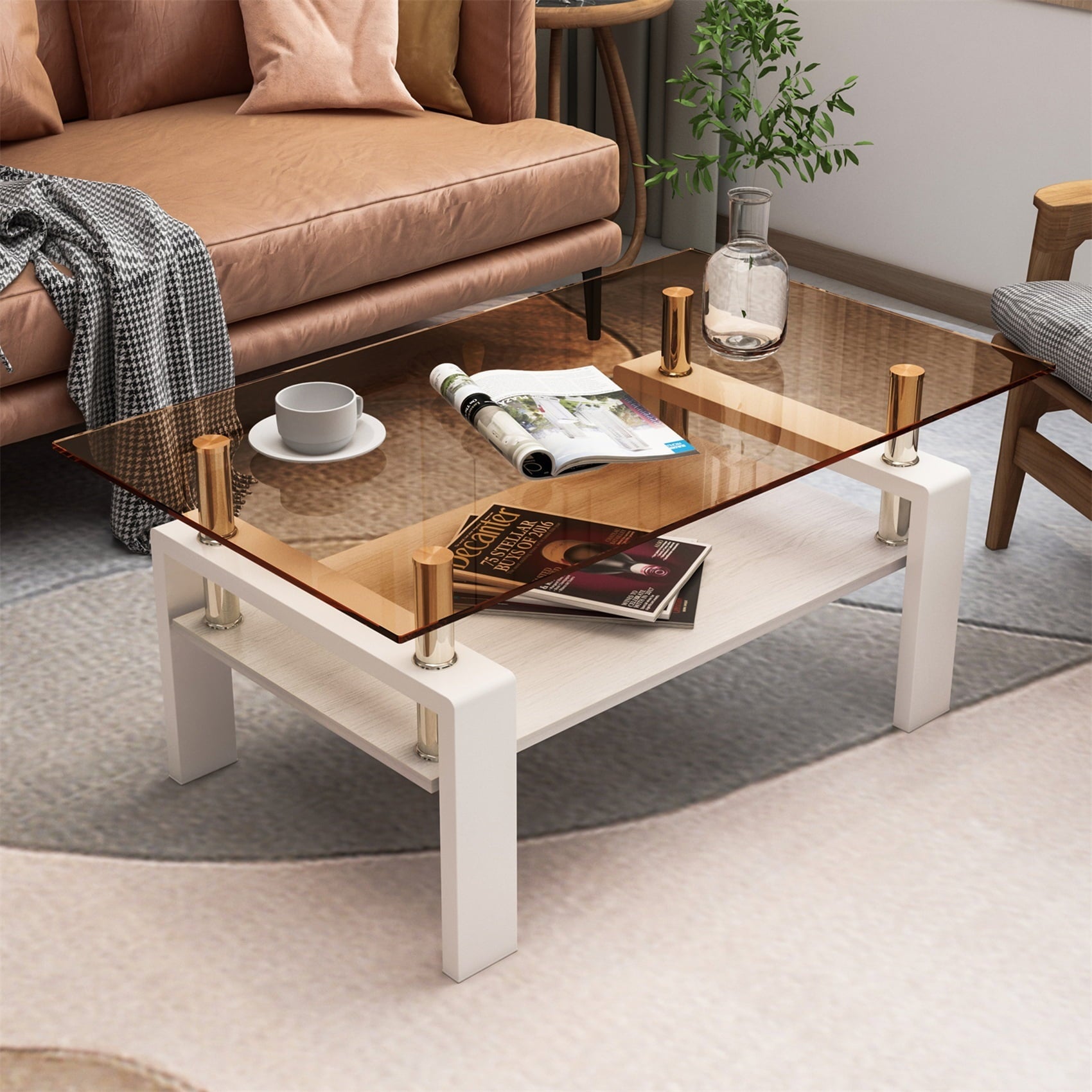Alvantor Glass Coffee Table, 38.6" Modern Rectangle Tables with MDF Layer for Living Room White