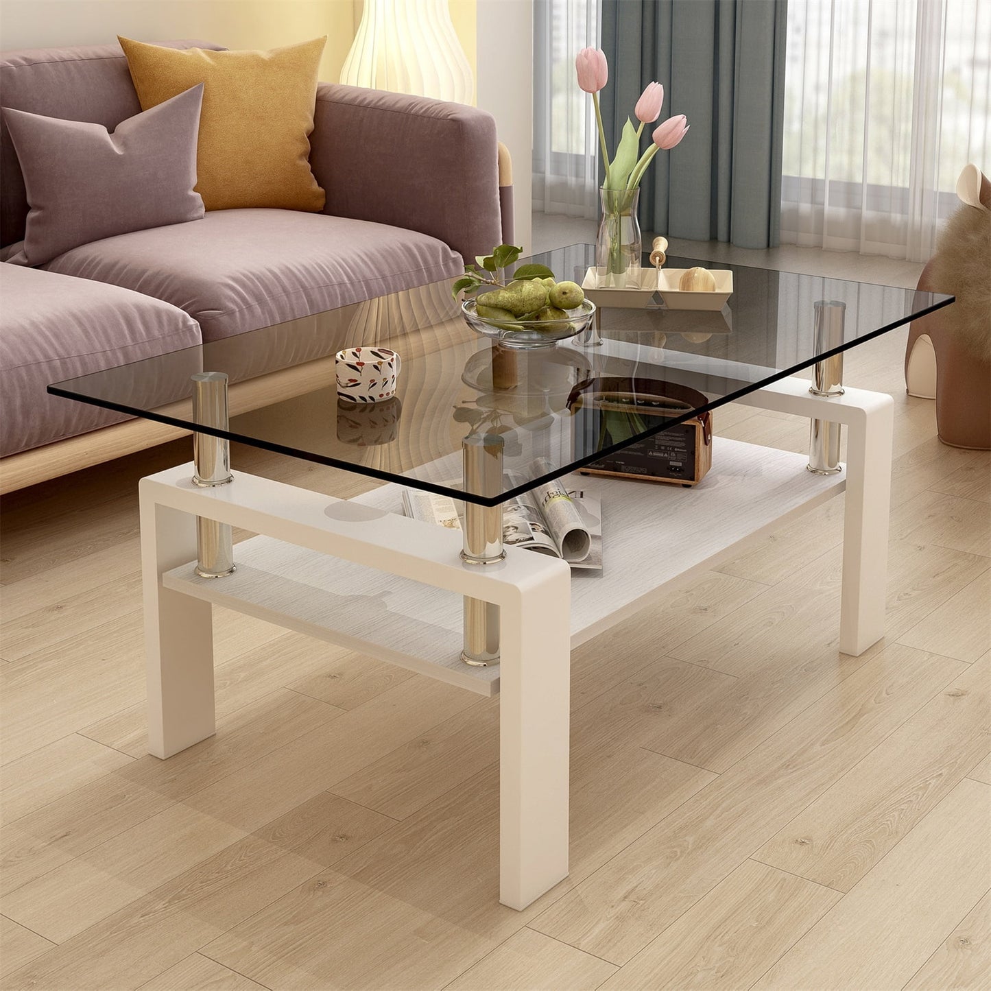 Alvantor 39-inch Glass Top Coffee Table with White MDF Base