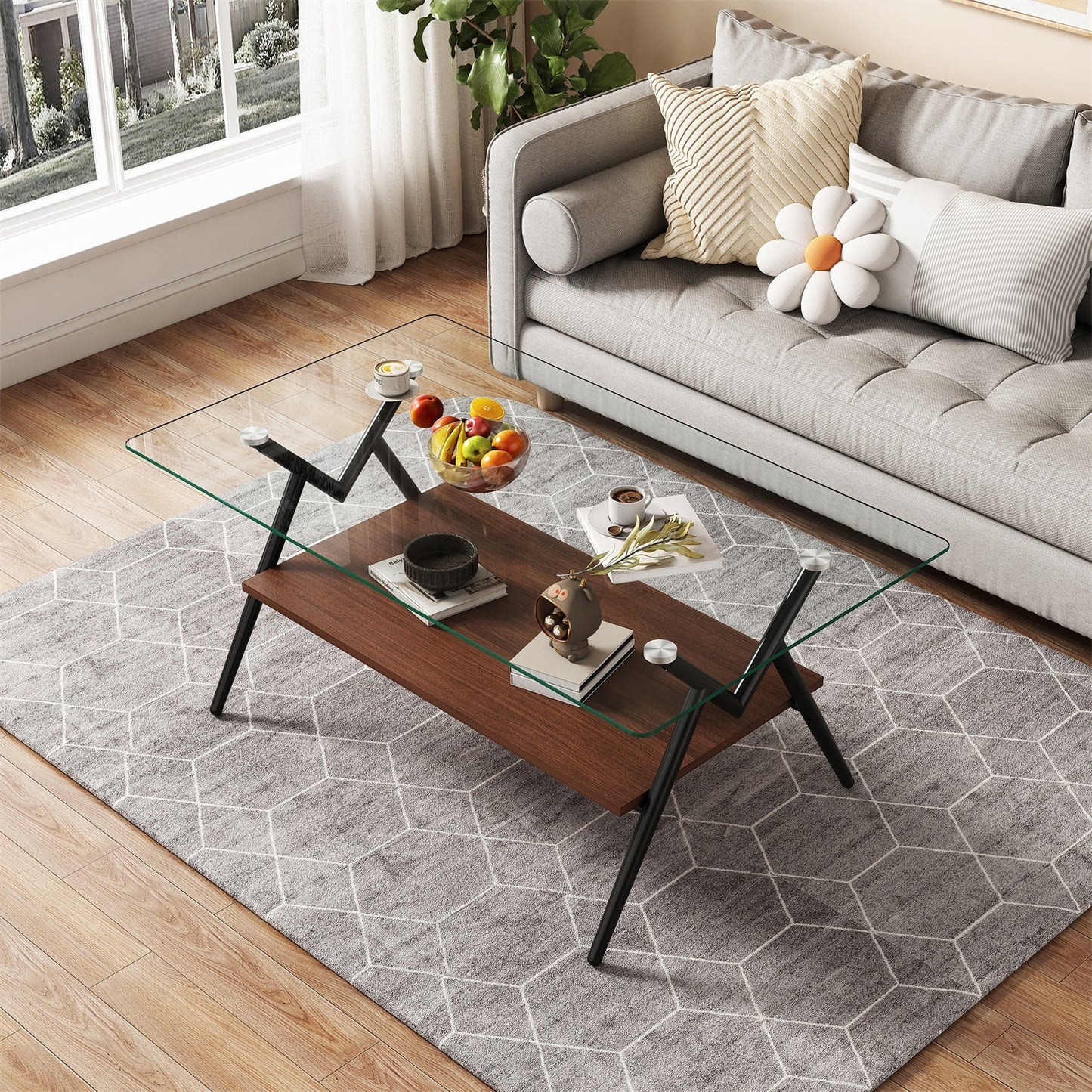 Alvantor Glass Coffee Table, 38.6" Rectangular Glass Coffee Table with Clear Tempered Glass Top and Metal Legs for Living Room Black