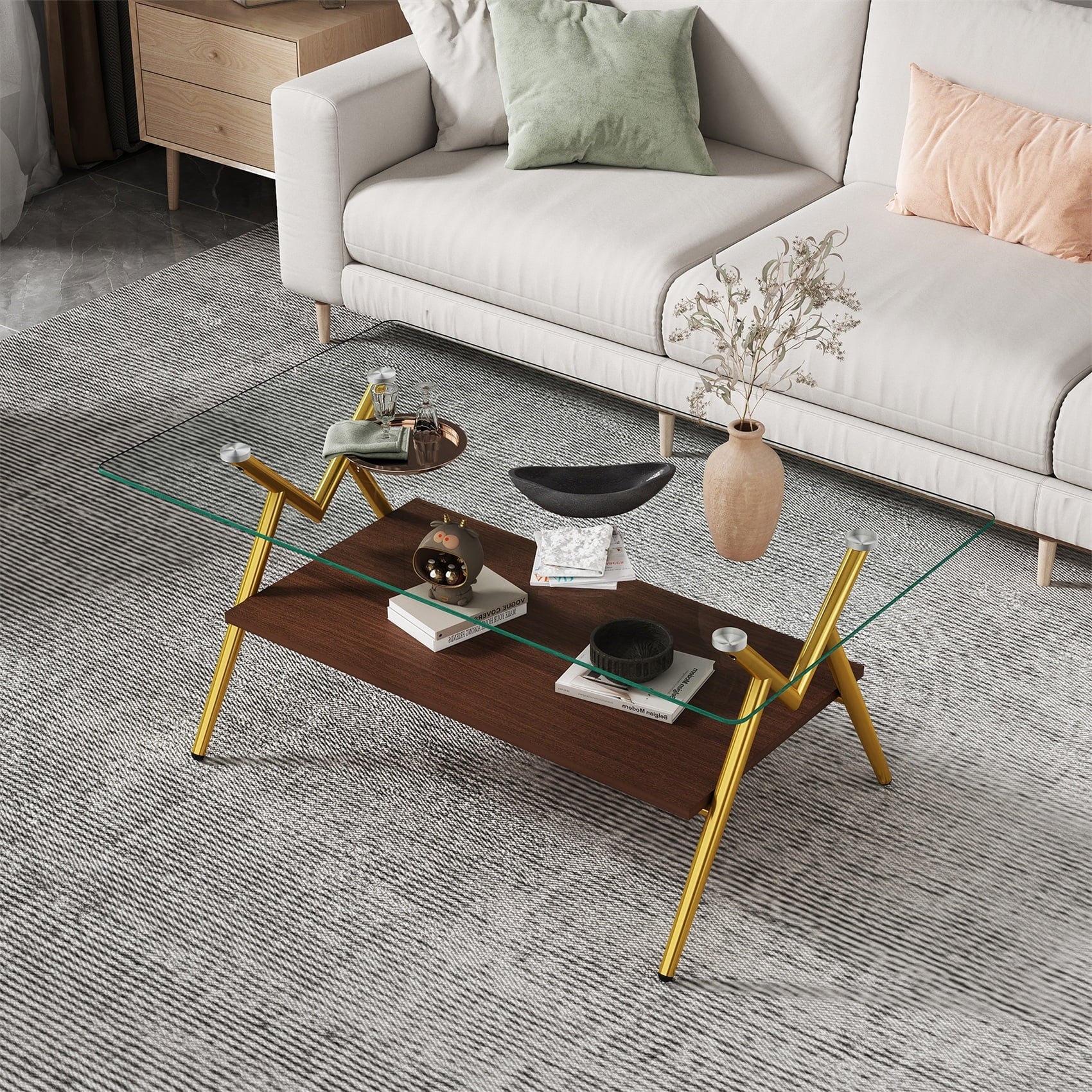 Alvantor Glass Coffee Table, 38.6" Rectangular Glass Coffee Table with Clear Tempered Glass Top and Metal Legs for Living Room Gold