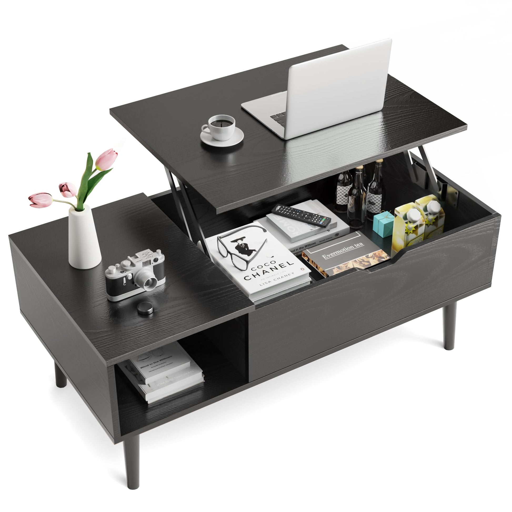 Alvantor Mesa de Centro Elevable con Compartimento de Almacenamiento Oculto, DiseÃ±o Moderno, MarrÃ³n/negro