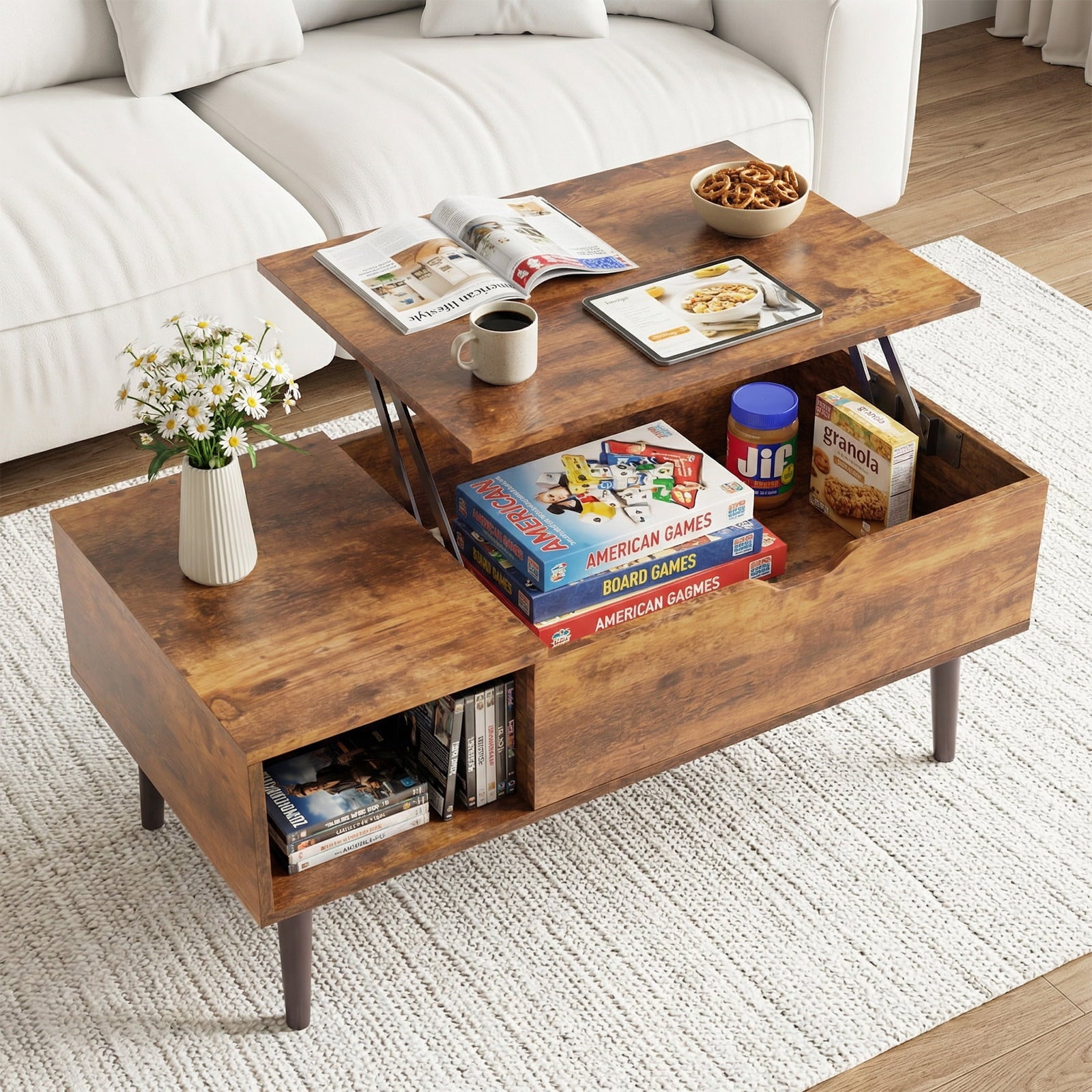 Alvantor Lift Top Coffee Table with Storage, Modern Lift-Up Design Hidden Compartment, Brown/Black