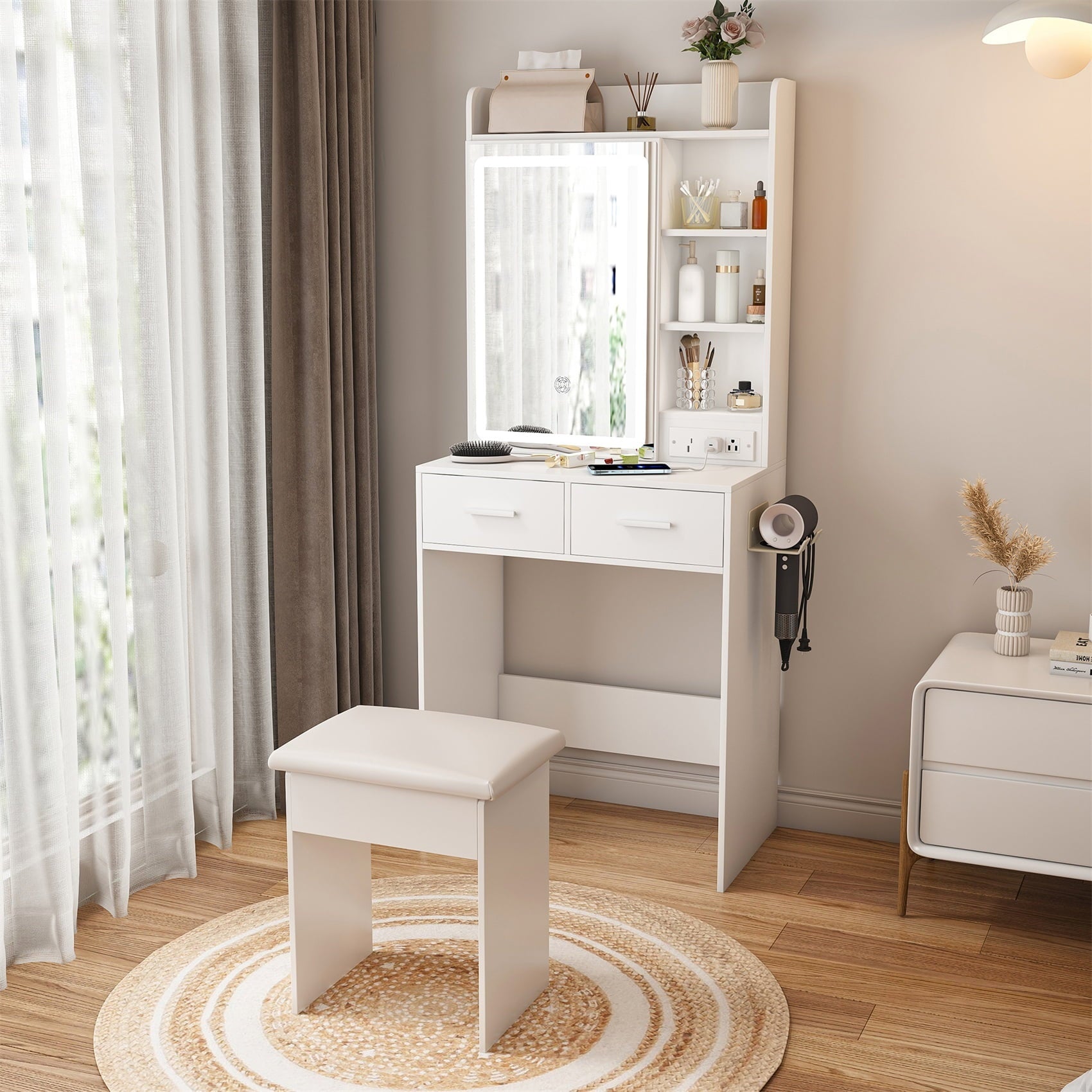 Alvantor Makeup Vanity Desk Set with Mirror, Lights & Power Outlet, Storage for Small Bedrooms, White