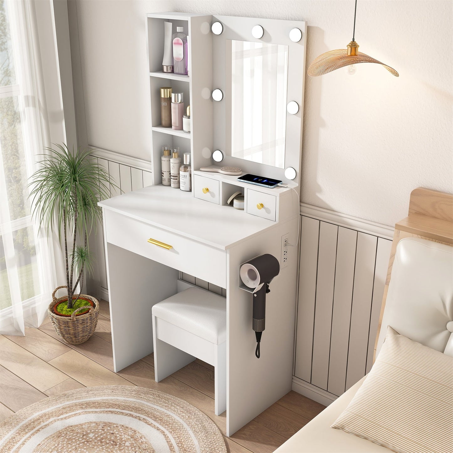 Alvantor Vanity Table and Stool Set with Mirror & Lights, White Finish, Power Outlet Included