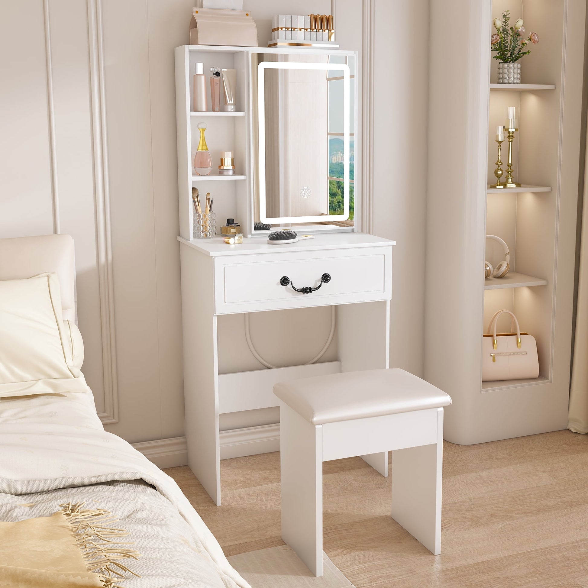 Alvantor Makeup Vanity Desk Set with Mirror & Lights, Compact White Dressing Table for Small Bedrooms