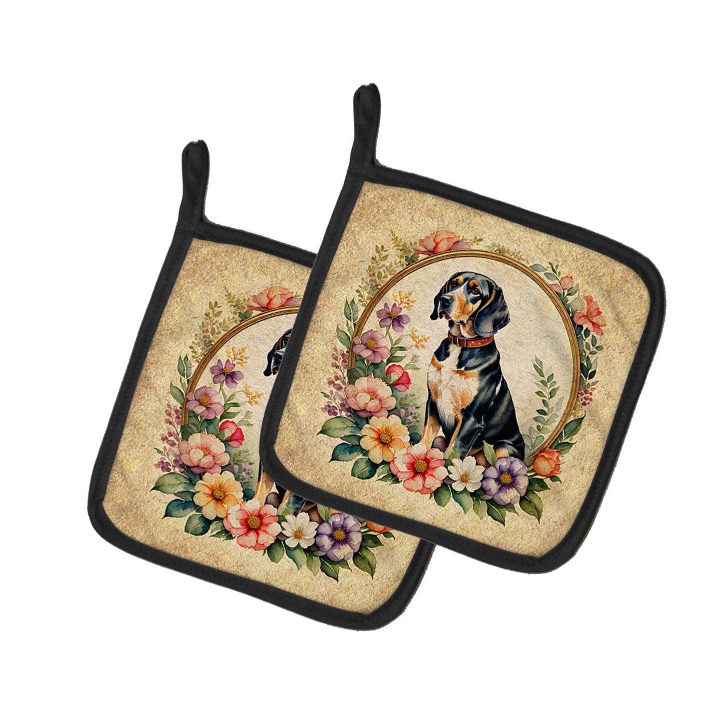 American English Coonhound and Flowers Pair of Pot Holders 7.5 in x 7.5 in