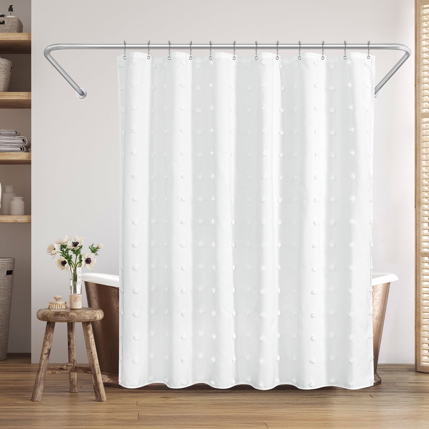 Americanflat 71x71 White Woven Shower Curtain with Tassel And Circle Accents - Includes 12 Grommets and Hooks - 100% Polyester