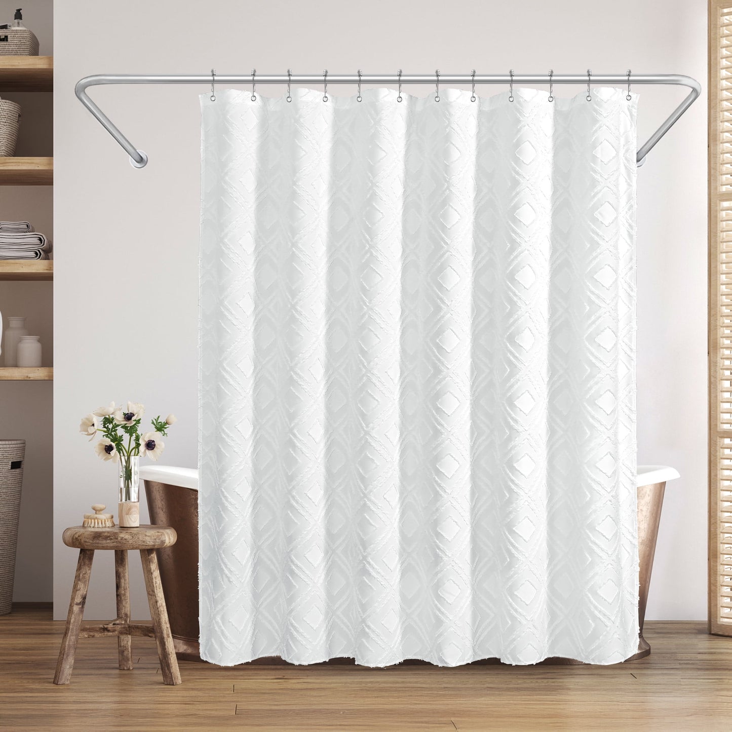 Americanflat 71x71 White Woven Shower Curtain with Tassel And Diamond Accents - Includes 12 Grommets and Hooks - 100% Polyester