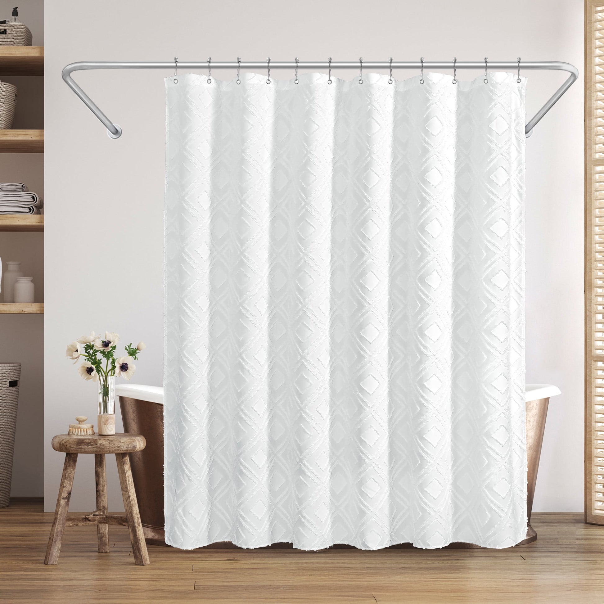 Americanflat 71x71 White Woven Shower Curtain with Tassel And Diamond Accents - Includes 12 Grommets and Hooks - 100% Polyester