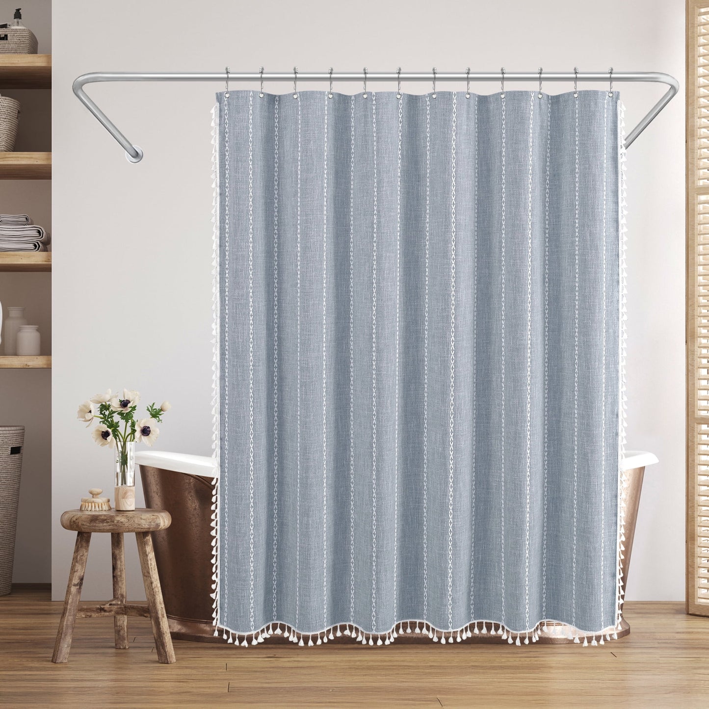 Americanflat 71x71 Woven Linen Blue Shower Curtain with Tassel Accents - Includes 12 Grommets and Hooks - 100% Polyester