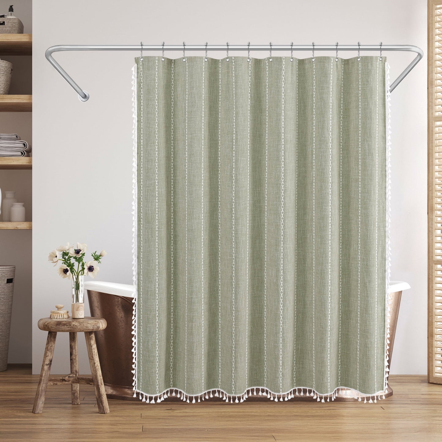 Americanflat 71x71 Woven Linen Green Shower Curtain with Tassel Accents - Includes 12 Grommets and Hooks - 100% Polyester