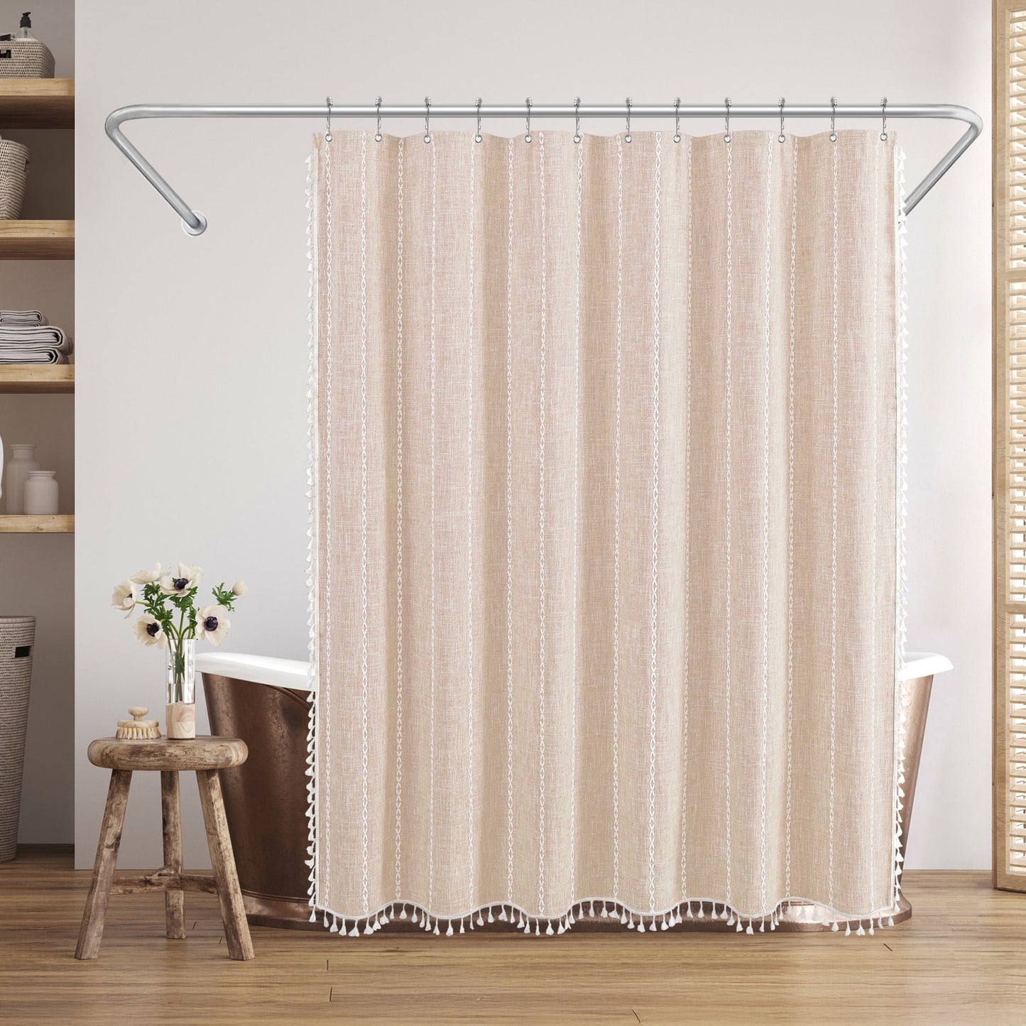 Americanflat 71x71 Woven Linen Pink Shower Curtain with Tassel Accents - Includes 12 Grommets and Hooks - 100% Polyester