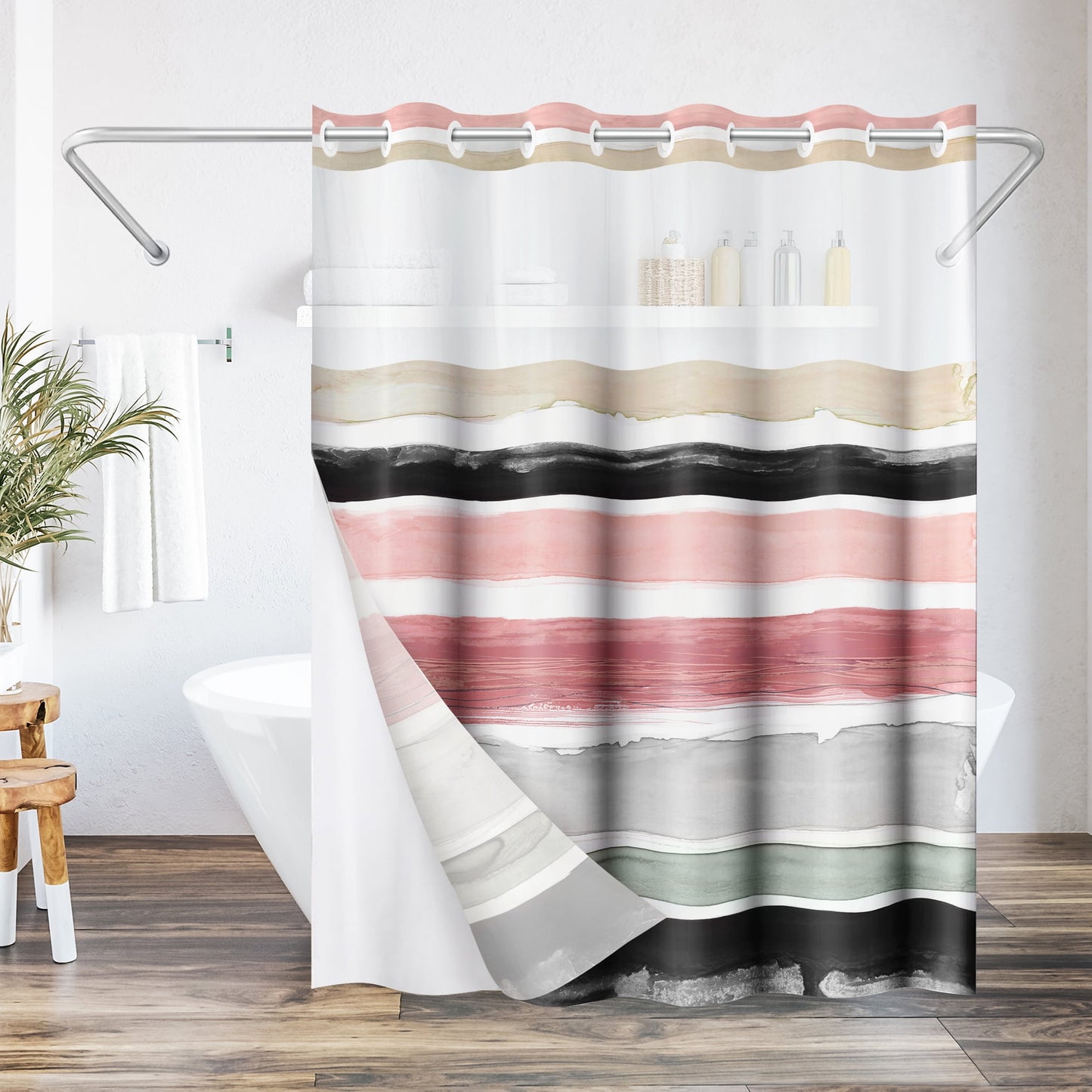 Americanflat 72x75 Hookless Shower Curtain - Abstract Pink Cream Shower Curtain with Sheer Panel, Snap-In Liner, and Grommets - 100% Polyester