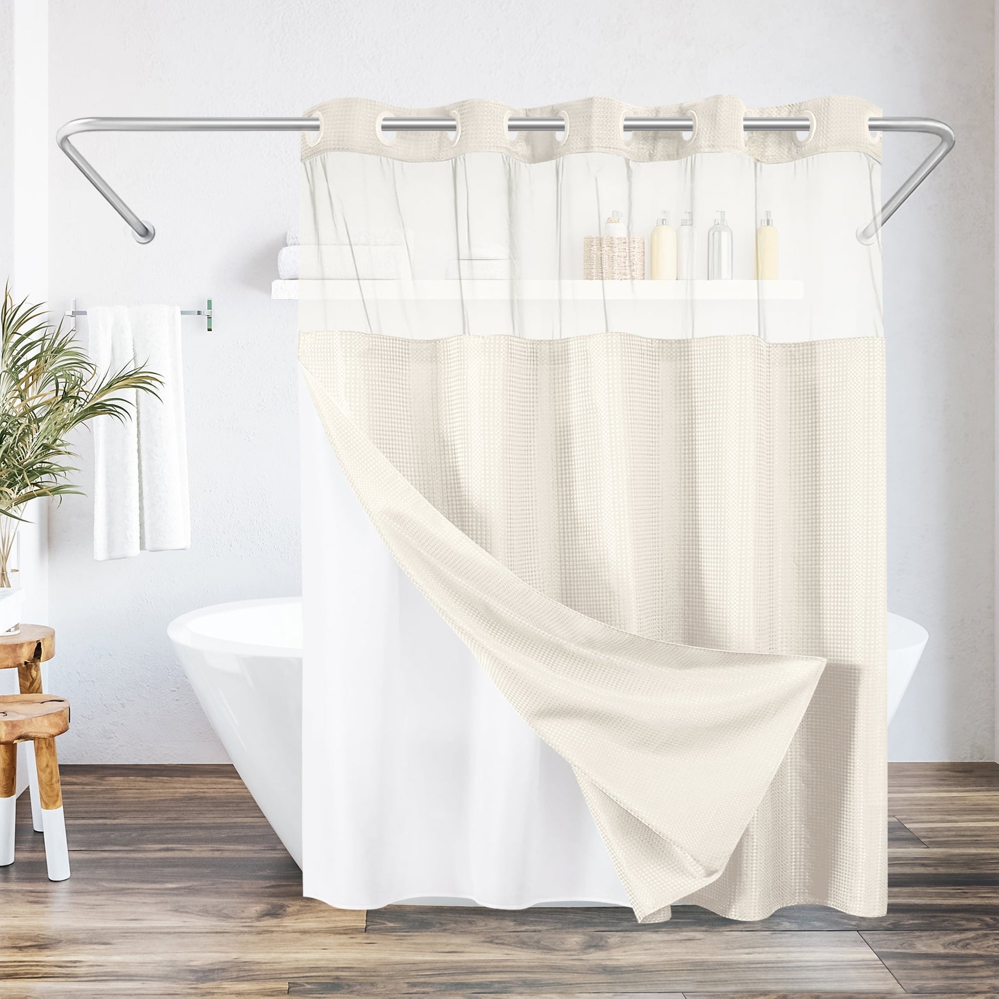 Americanflat 72x75 Black Hookless Waffle Pattern Shower Curtain - Water-Resistant Long Shower Curtain with Sheer Panel, Snap-In Liner, and Grommets
