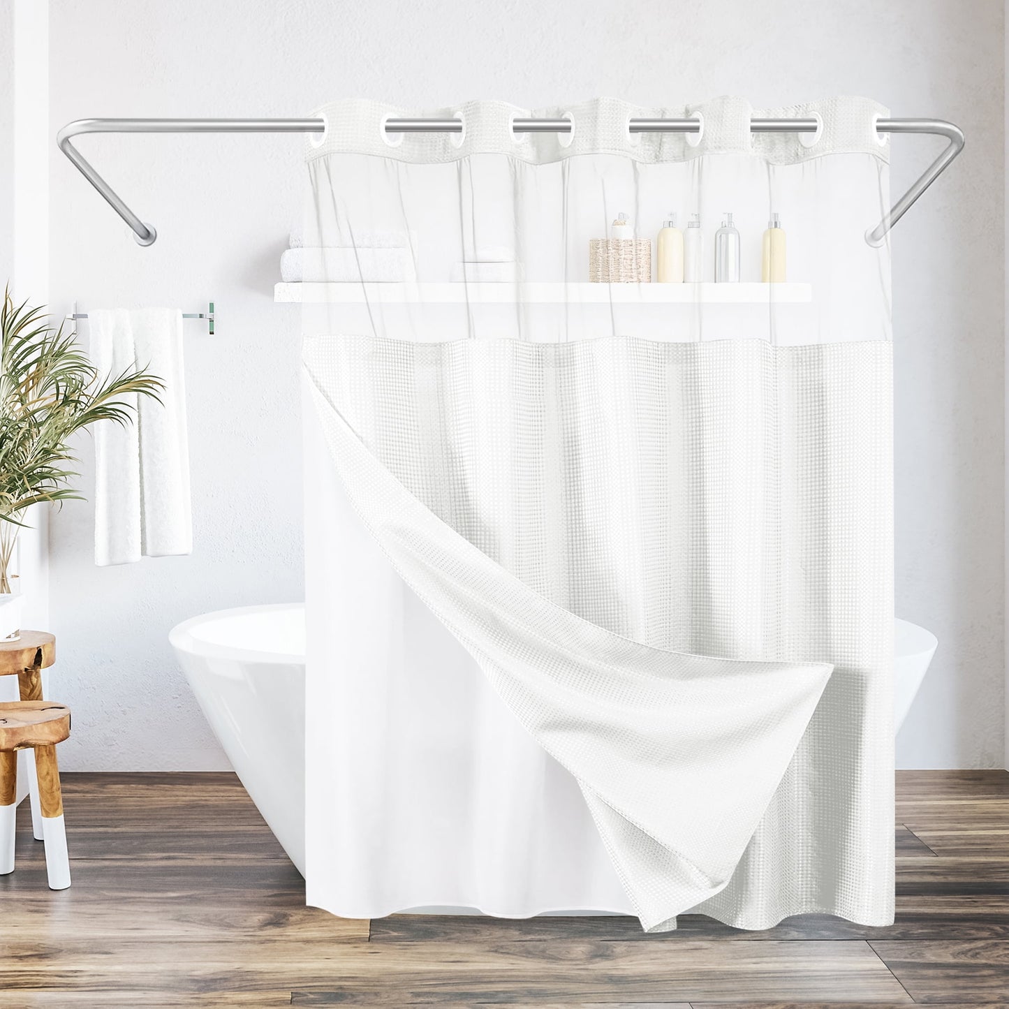 Americanflat 72x75 White Hookless Waffle Pattern Shower Curtain - Water-Resistant Long Shower Curtain with Sheer Panel, Snap-In Liner, and Grommets