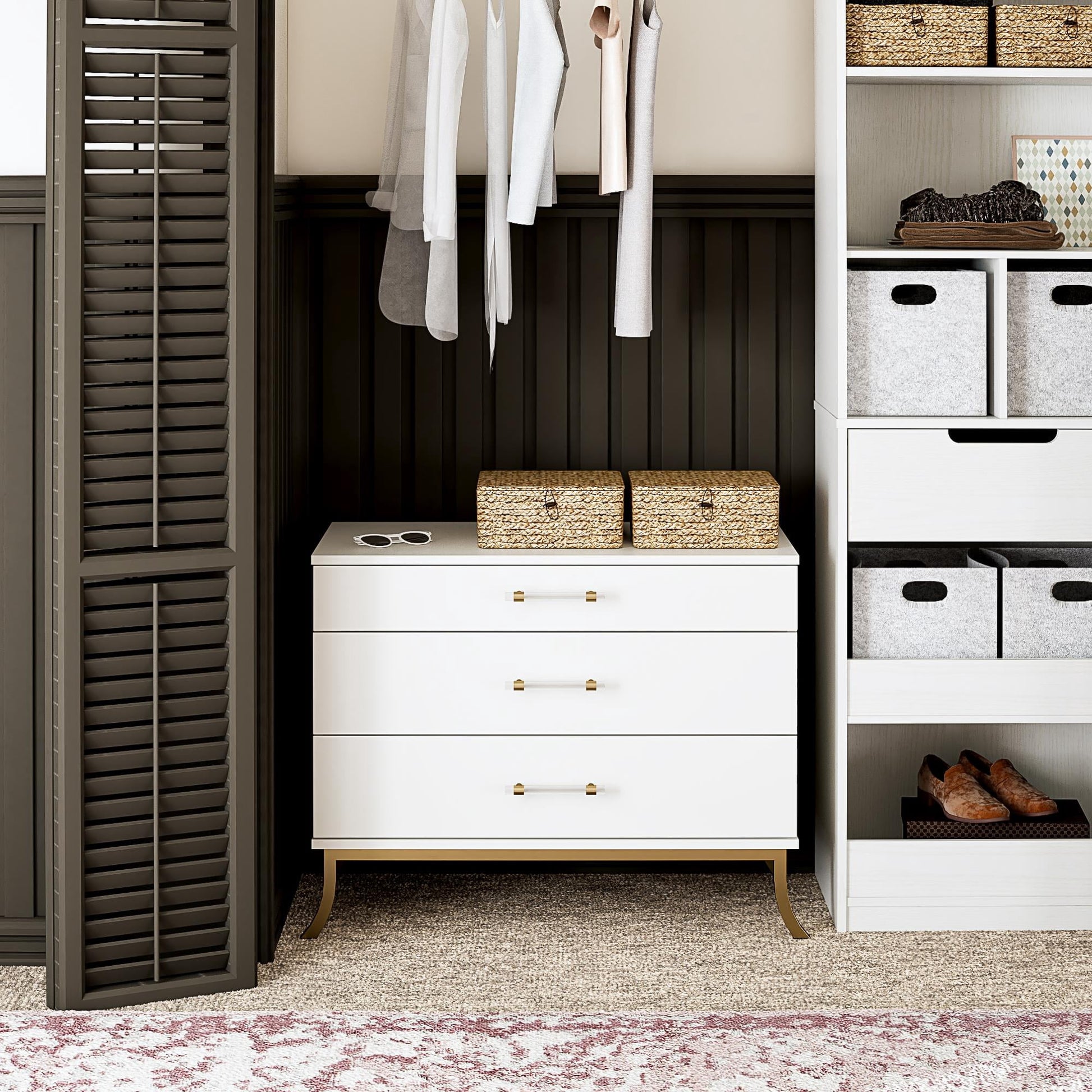 Ameriwood Home Clementine Small 3-Drawer Dresser with Clear Acrylic Rod Handles, White & Gold
