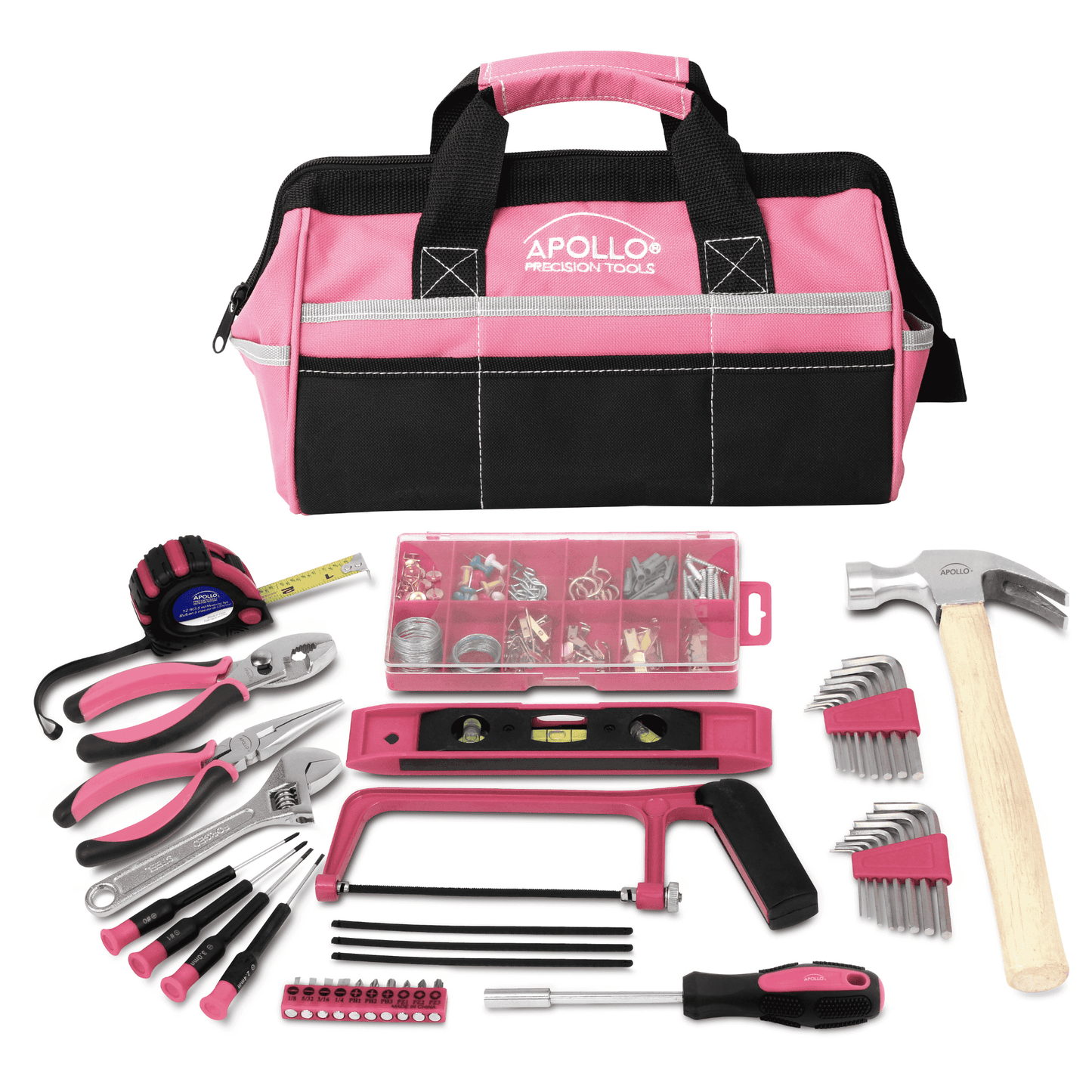 Apollo Tools 201 Piece Household Tool Kit in a Soft-Sided Tool Bag Pink - DT0020P