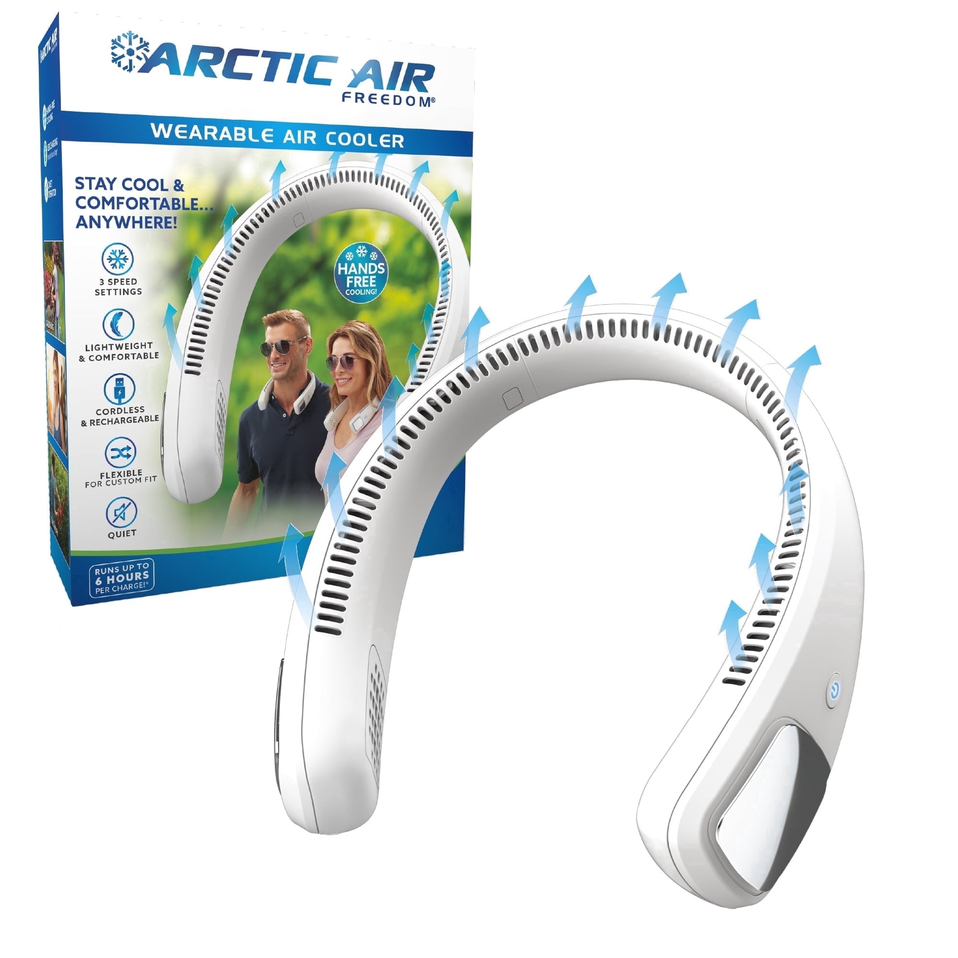 Arctic Air Freedom Neck Cooler, Evaporative Cooling with Ionic Purifier, 3 Speeds & USB Rechargeable Battery, Quiet & Perfect for Travel and Outdoor, White, AAFRDM-MC4