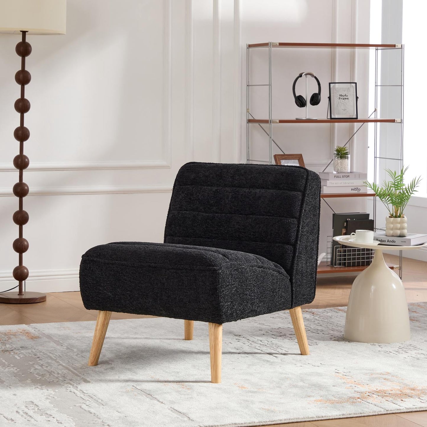 Armless Accent Chair, Upholstered Chair, Chenille Accent Chair with Rubber Wood Legs, Black for Living Room, Bedroom, Office