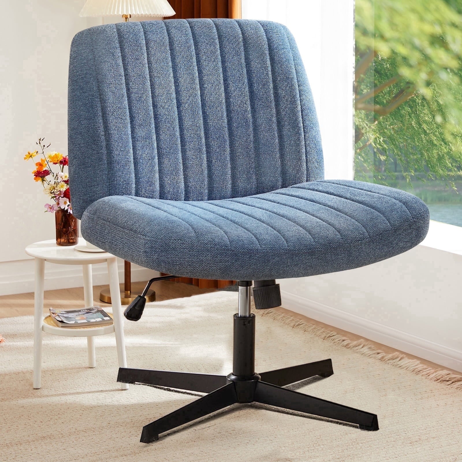 Armless Criss Cross Legged Office Chair, Desk Chair No Wheels, Fabric, Blue