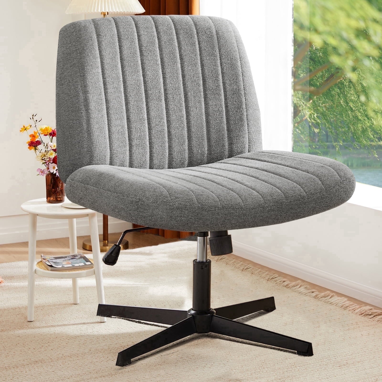 Armless Criss Cross Legged Office Chair, Desk Chair No Wheels, Fabric, Gray