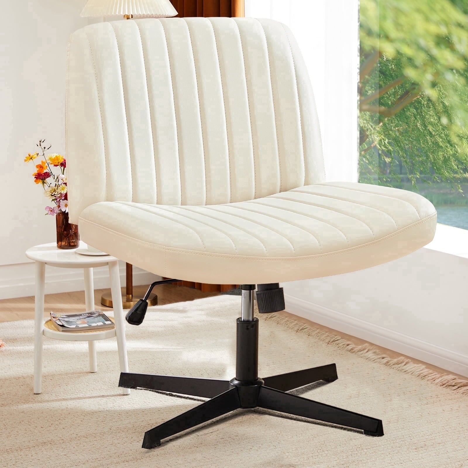 Armless Criss Cross Legged Office Chair, Desk Chair No Wheels, PU Leather, Beige