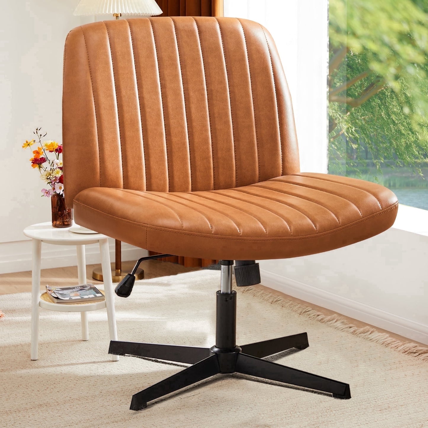 Armless Criss Cross Legged Office Chair, Desk Chair No Wheels, PU Leather, Brown