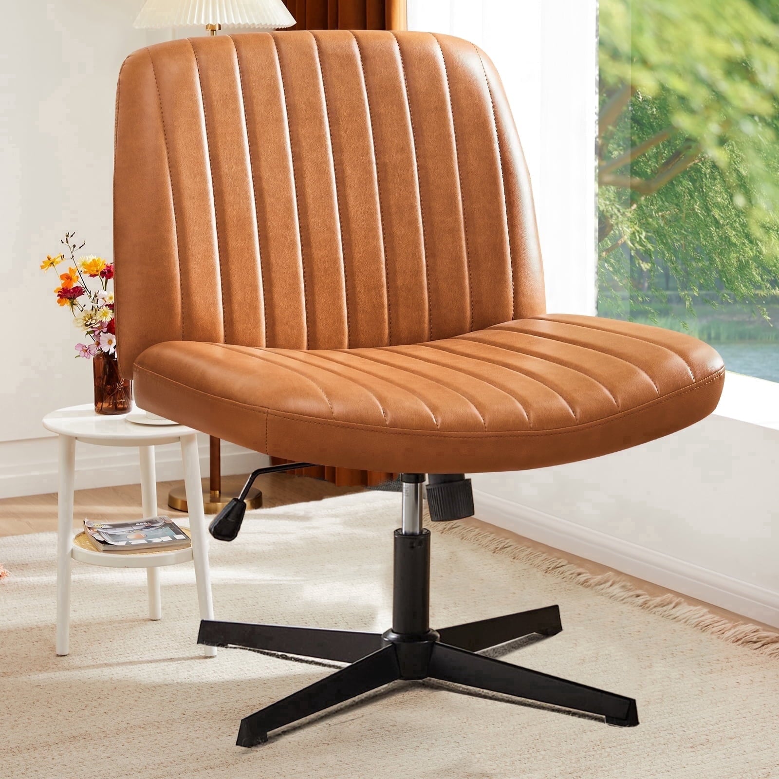 Armless Criss Cross Legged Office Chair, Desk Chair No Wheels, PU Leather, Brown